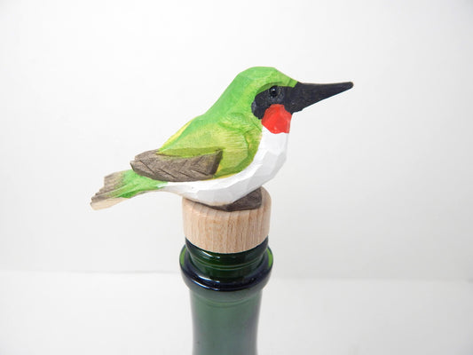 Hummingbird Wooden Figurine Wine Stopper Handmade Art Carved Small Animal Garden Statue