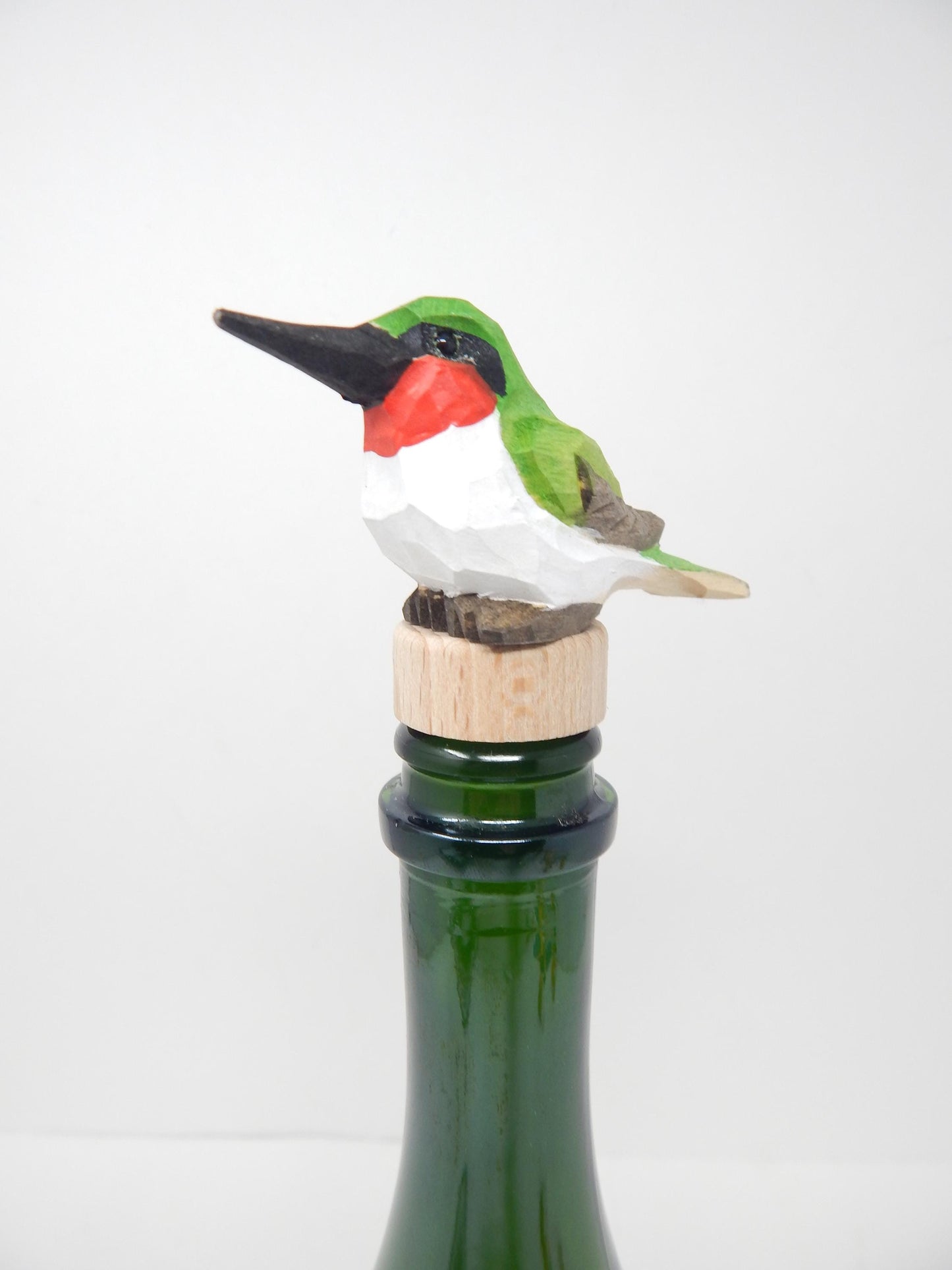 Hummingbird Wooden Figurine Wine Stopper Handmade Art Carved Small Animal Garden Statue