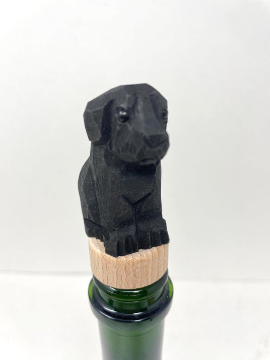Hand-Carved Wooden Black Labrador Retriever Dog Wine Stopper – Rustic Bottle Plug