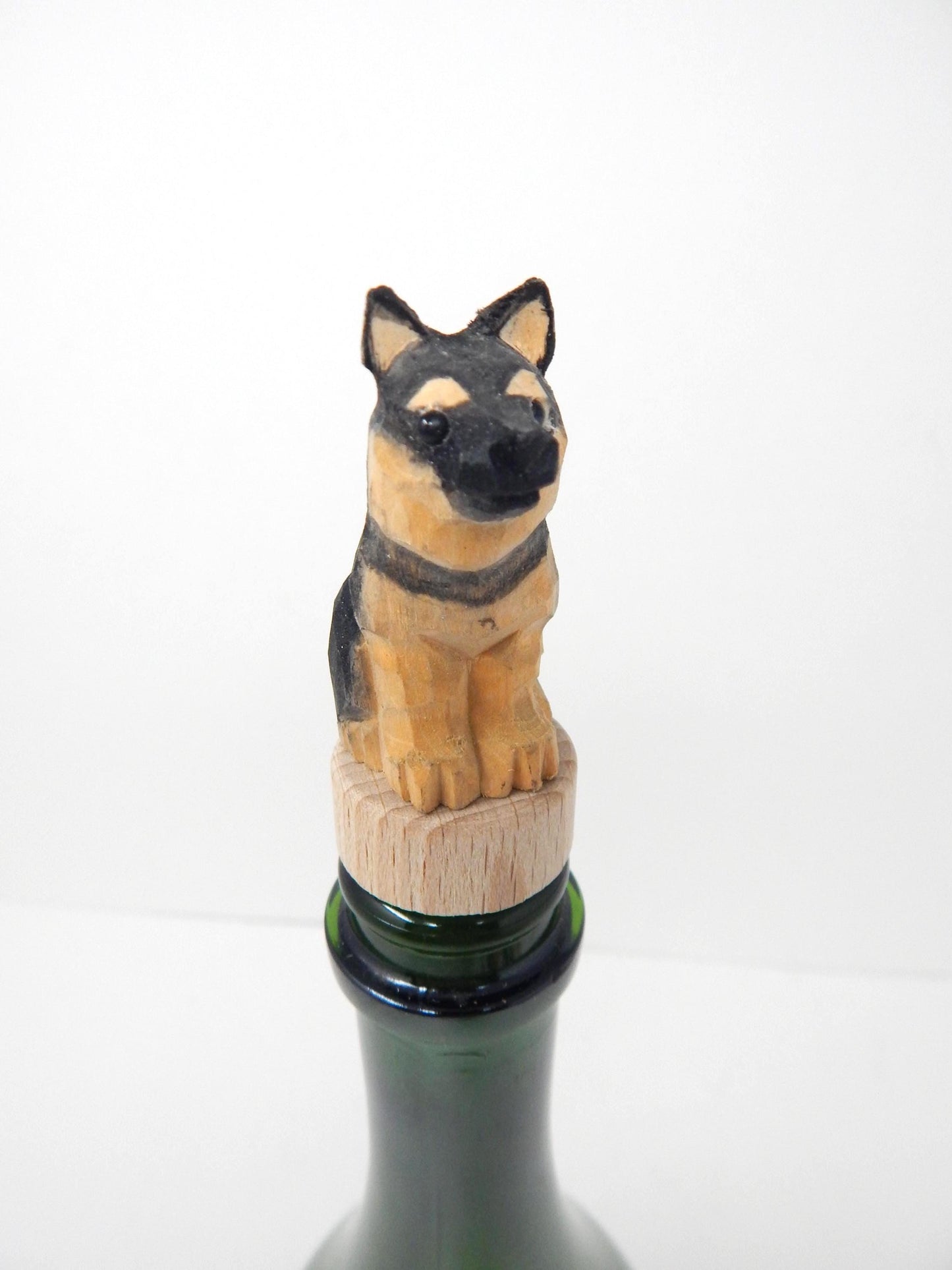 Hand-Carved Wooden German Shepherd Dog Wine Stopper – Rustic Bottle Plug
