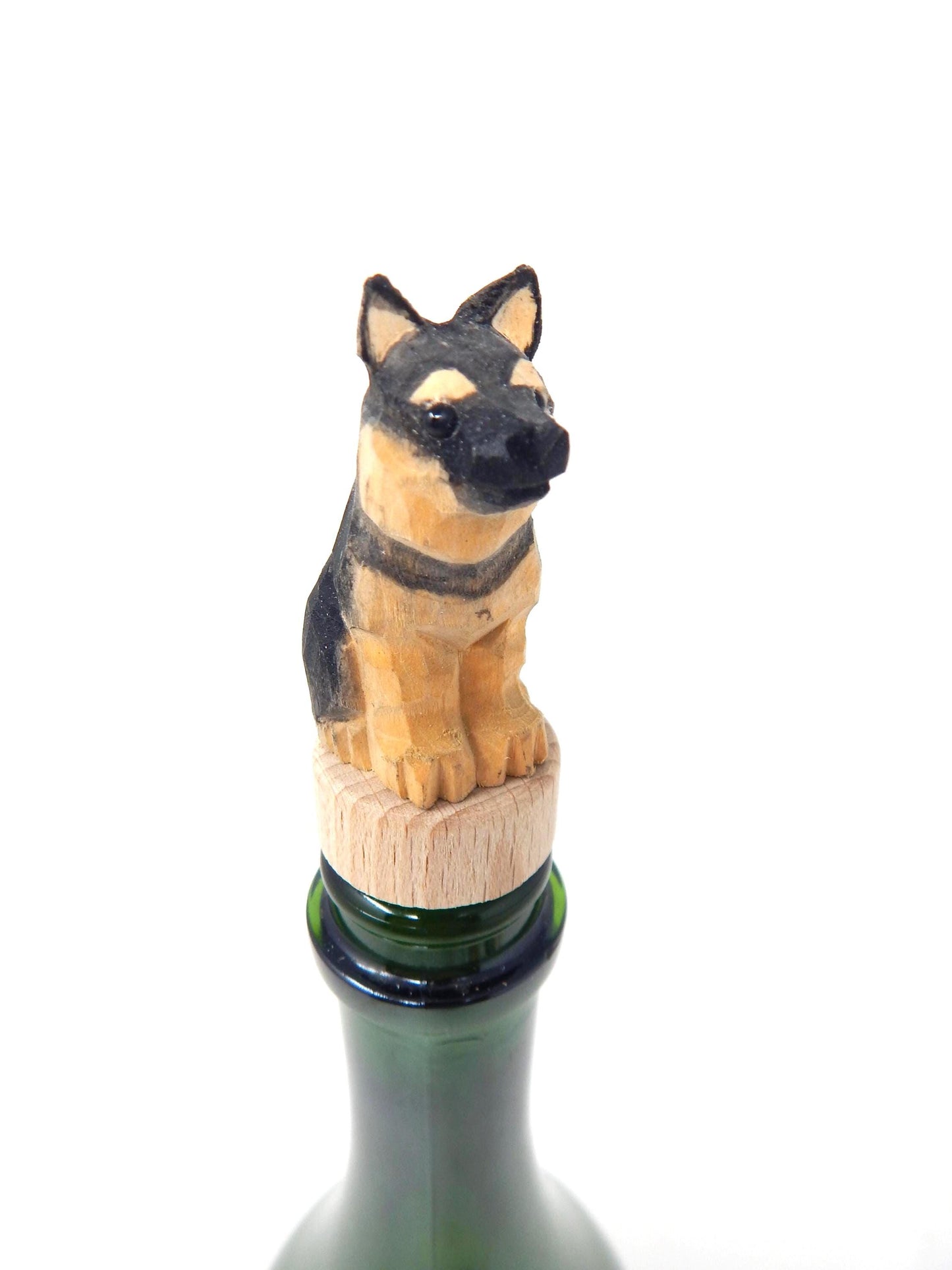 Hand-Carved Wooden German Shepherd Dog Wine Stopper – Rustic Bottle Plug