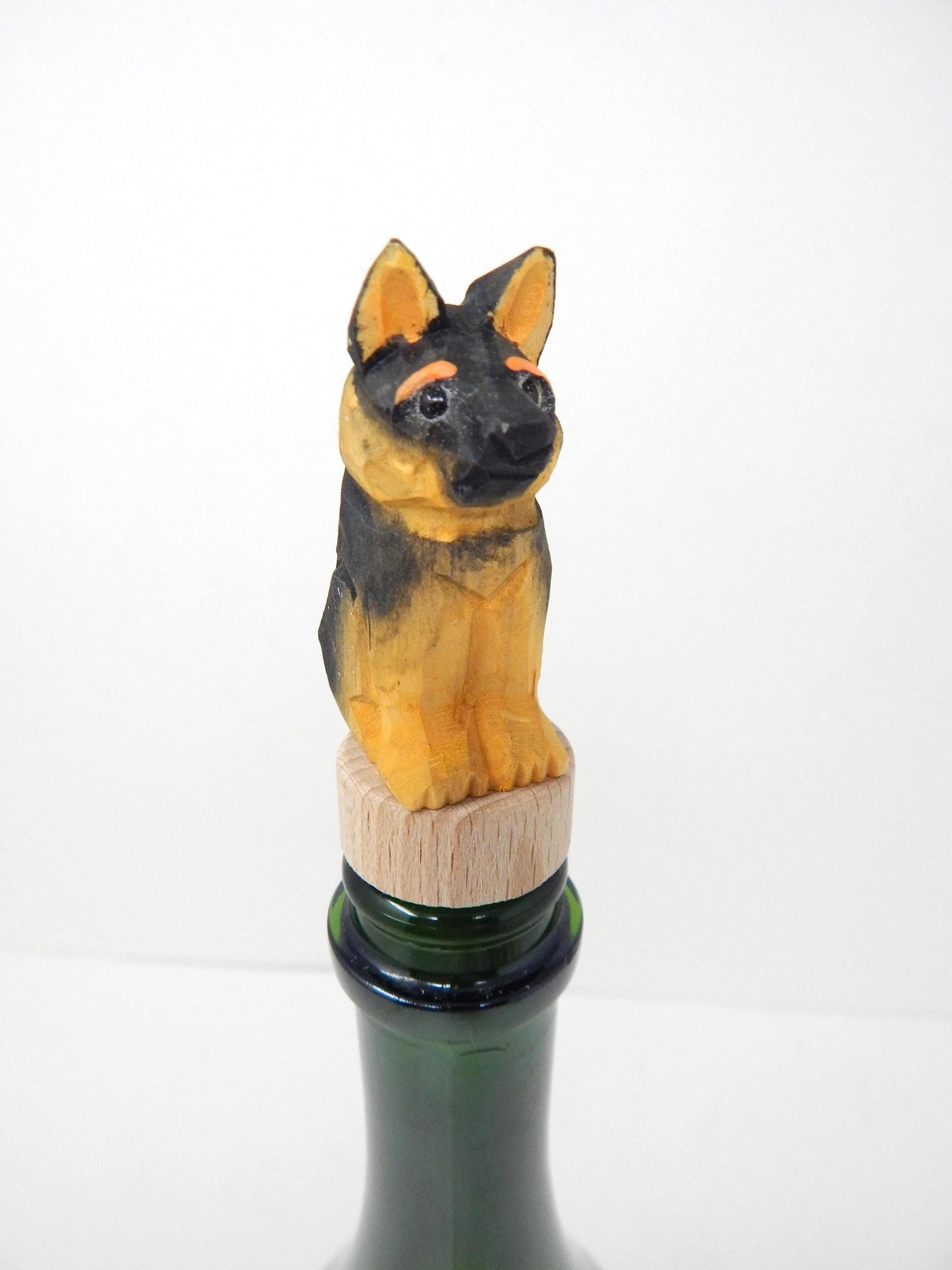 Hand-Carved Wooden German Shepherd Dog Wine Stopper – Rustic Bottle Plug