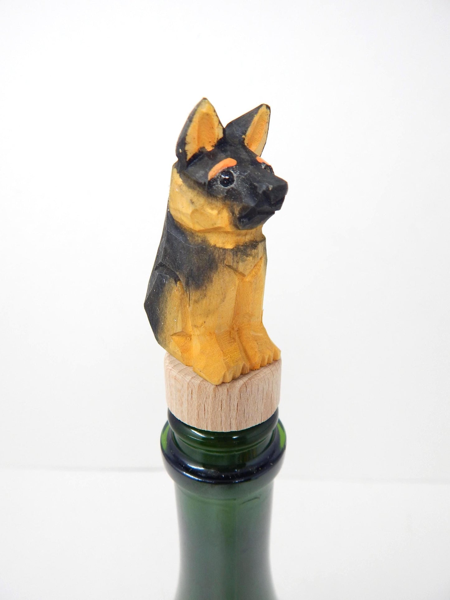 Hand-Carved Wooden German Shepherd Dog Wine Stopper – Rustic Bottle Plug