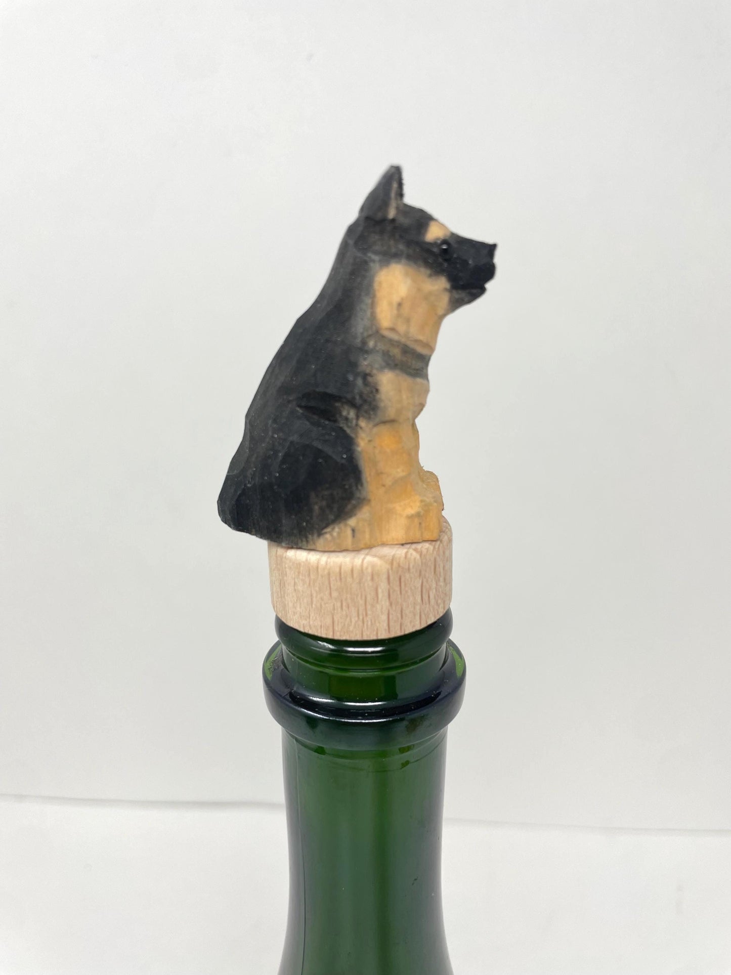 Hand-Carved Wooden German Shepherd Dog Wine Stopper – Rustic Bottle Plug