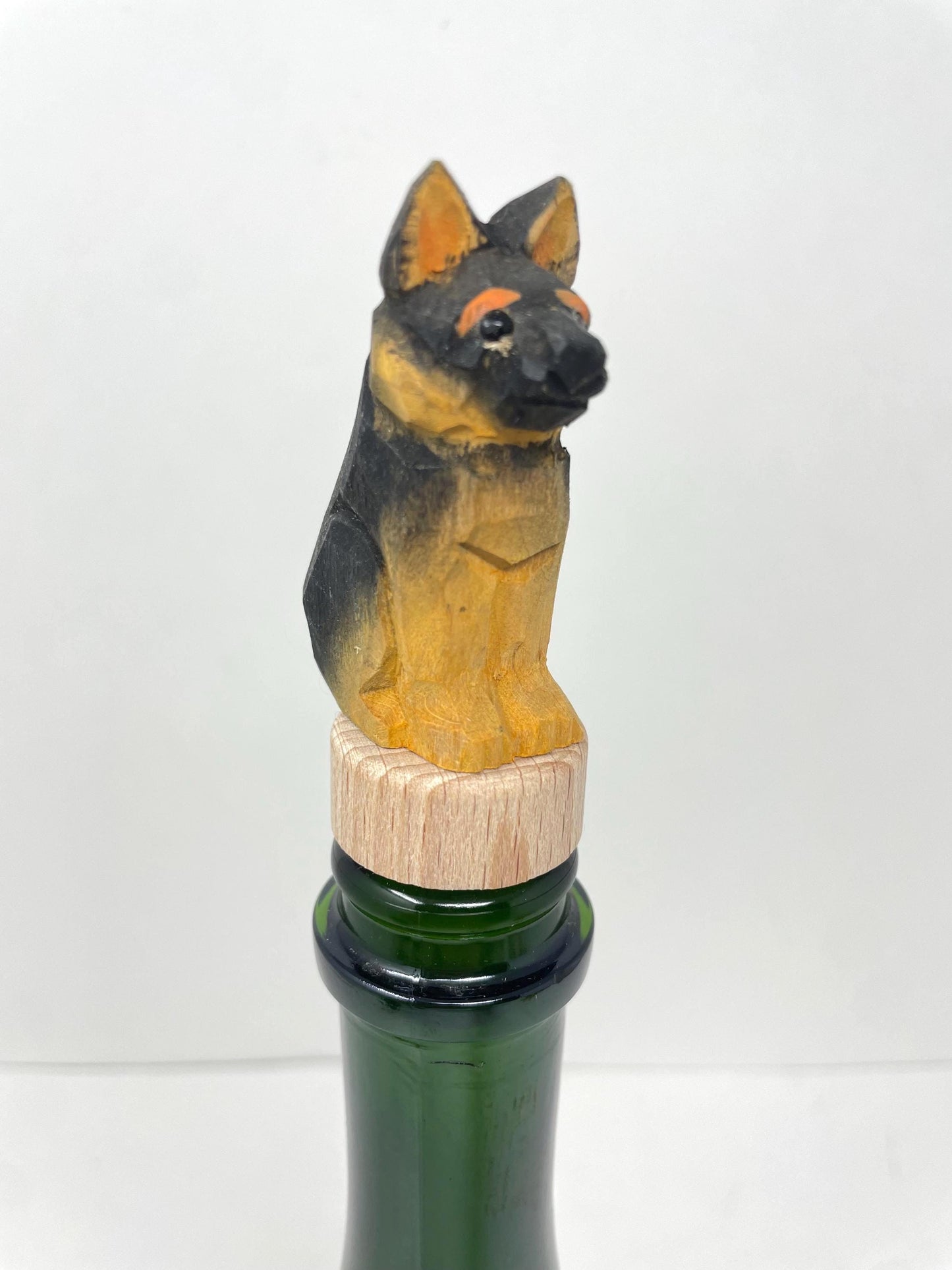 Hand-Carved Wooden German Shepherd Dog Wine Stopper – Rustic Bottle Plug