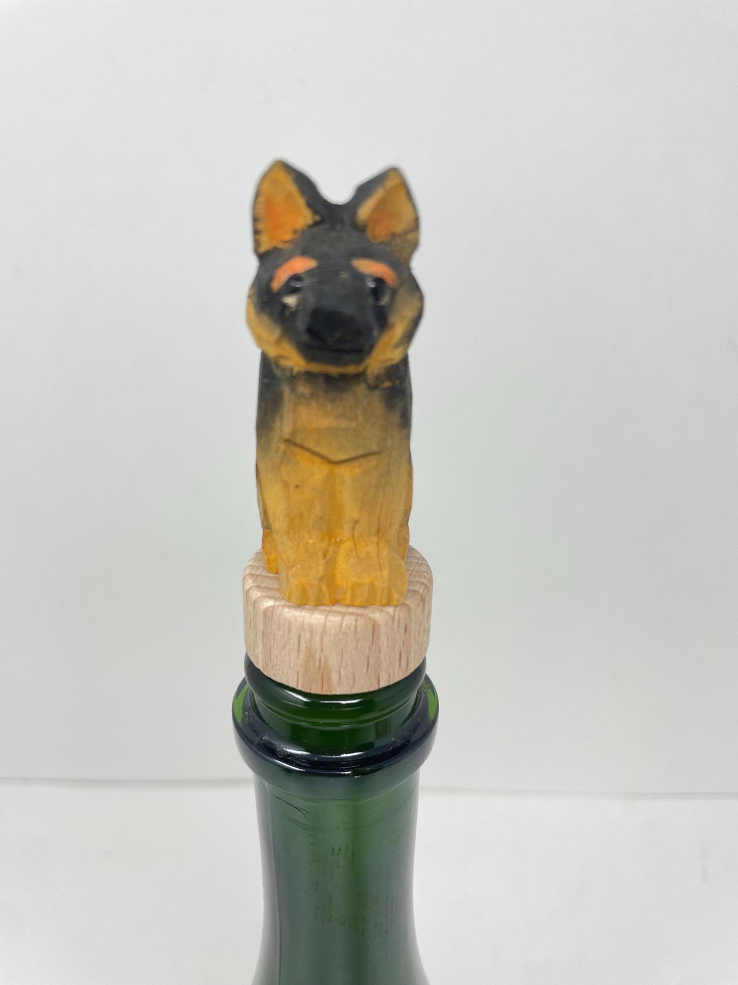 Hand-Carved Wooden German Shepherd Dog Wine Stopper – Rustic Bottle Plug