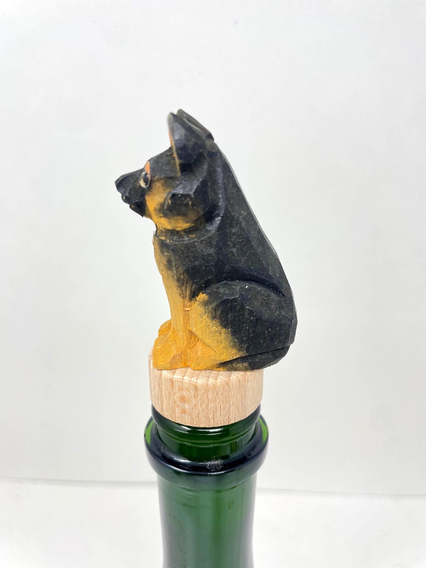 Hand-Carved Wooden German Shepherd Dog Wine Stopper – Rustic Bottle Plug