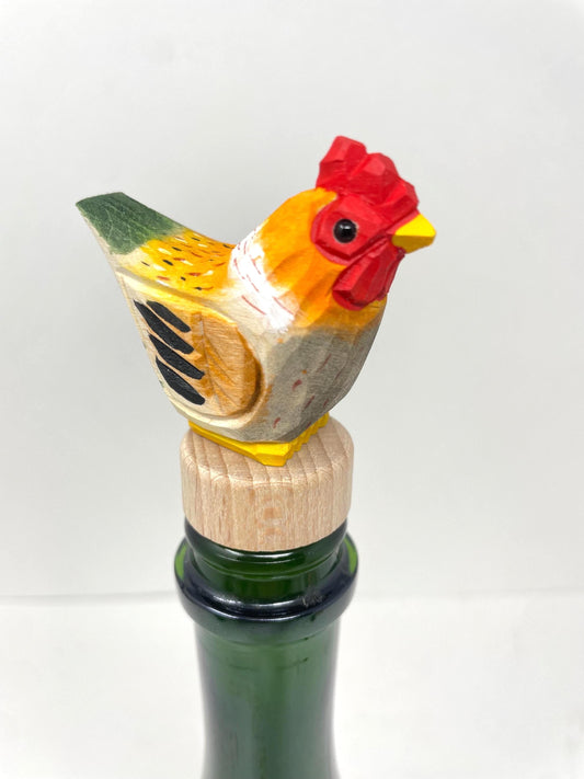 Hand-Carved Wooden Brown Hen Wine Stopper – Rustic Bottle Plug