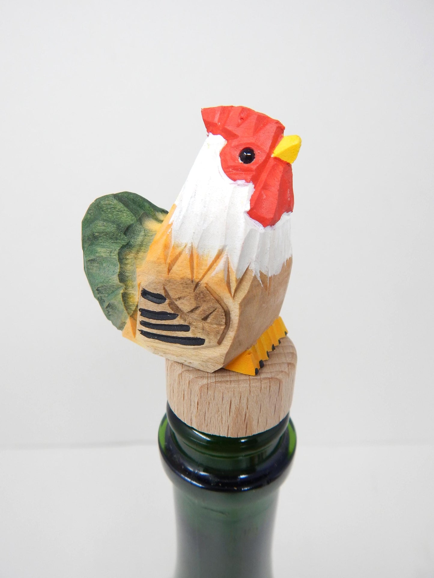 Hand-Carved Wooden Rooster Wine Stopper – Rustic Bottle Plug