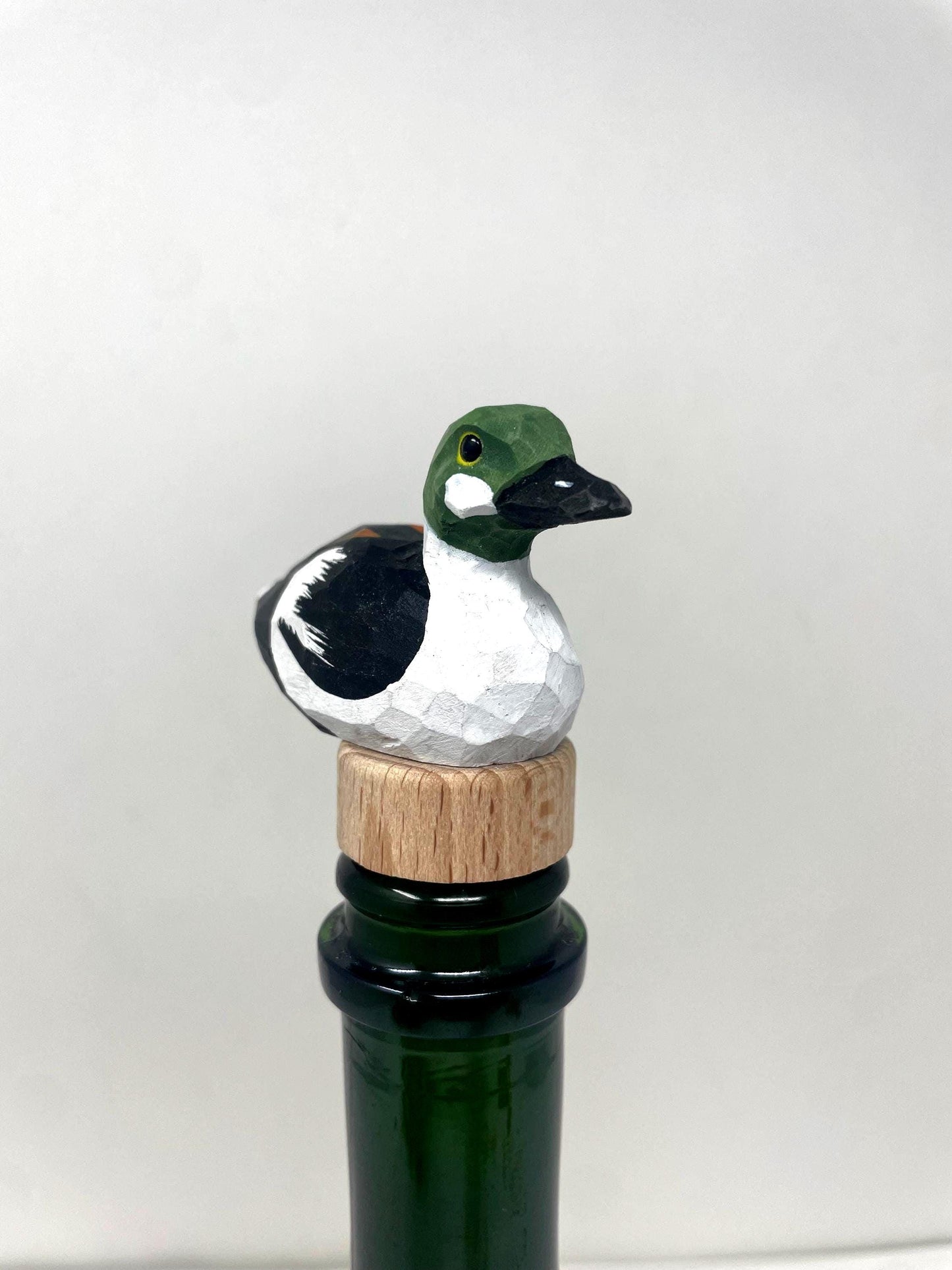 Hand-Carved Wine Stopper – Wooden Goldeneye Duck Bottle Plug