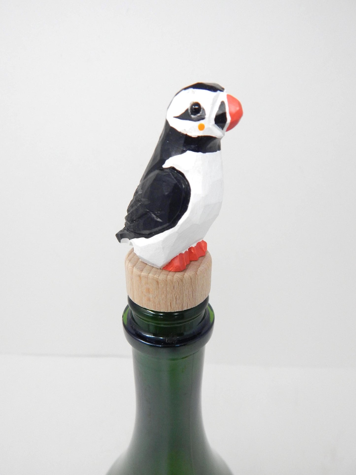Miniature Handmade Puffin Wine Stopper Arctic Bird  Carved Figurine Small Animals Collectible