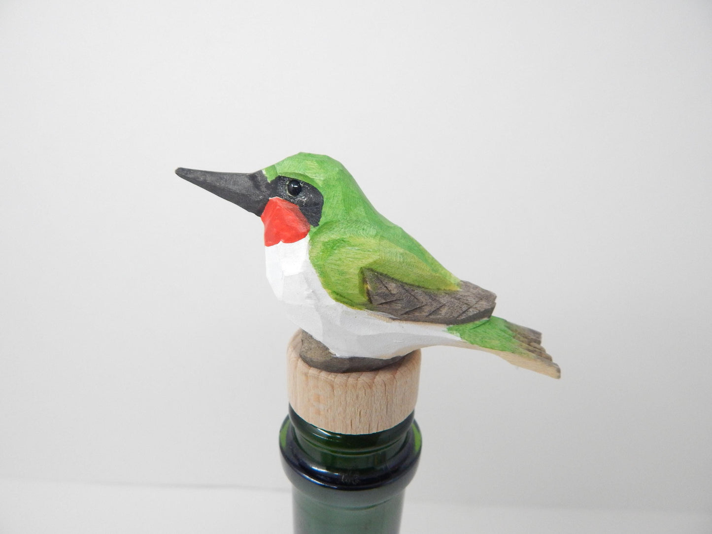 Hummingbird Wooden Figurine Wine Stopper Handmade Art Carved Small Animal Garden Statue