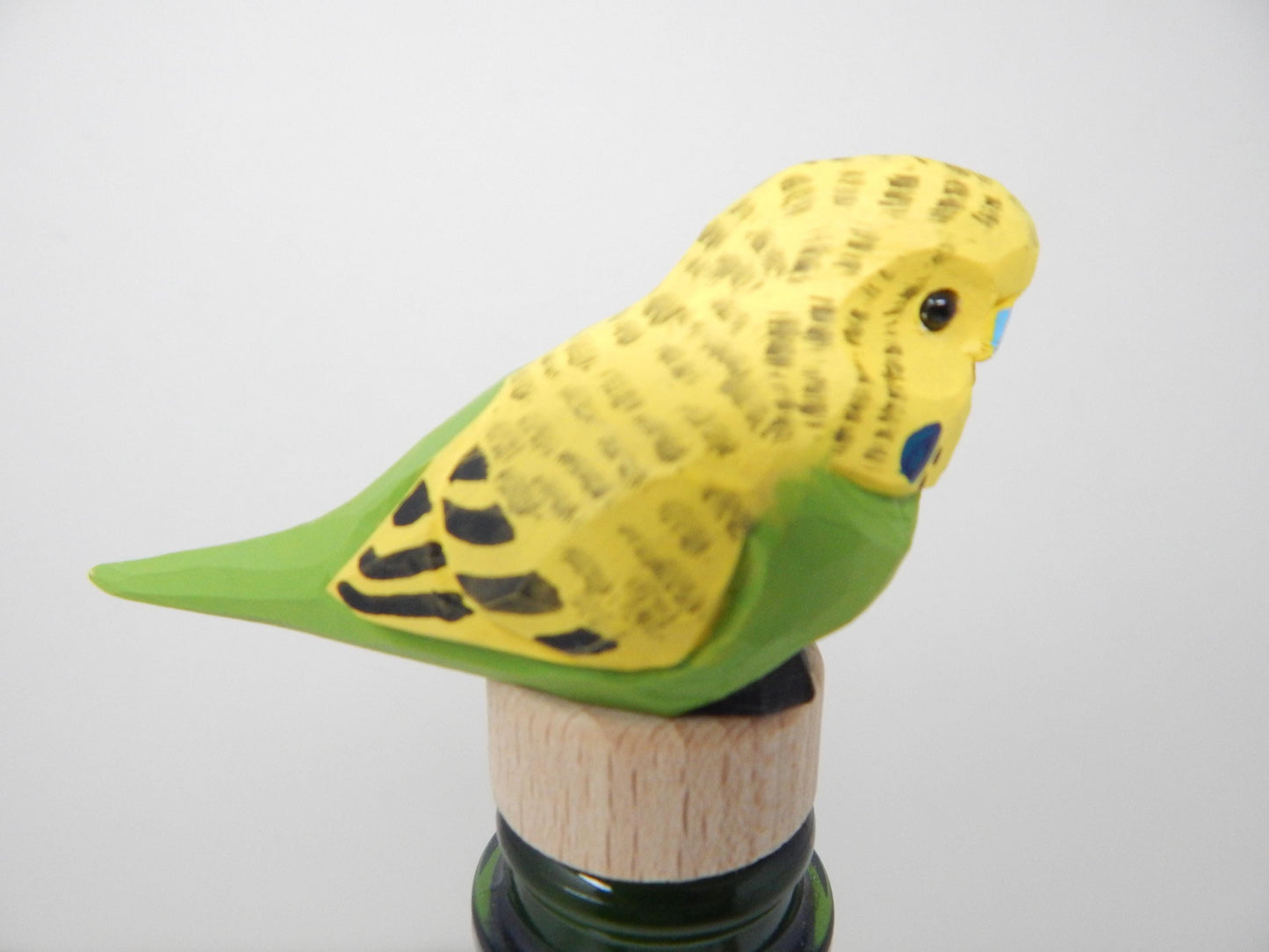 Yellow Wooden Parakeet Budgie Wine Stopper Handmade Art Carved Small Animal Garden Statue