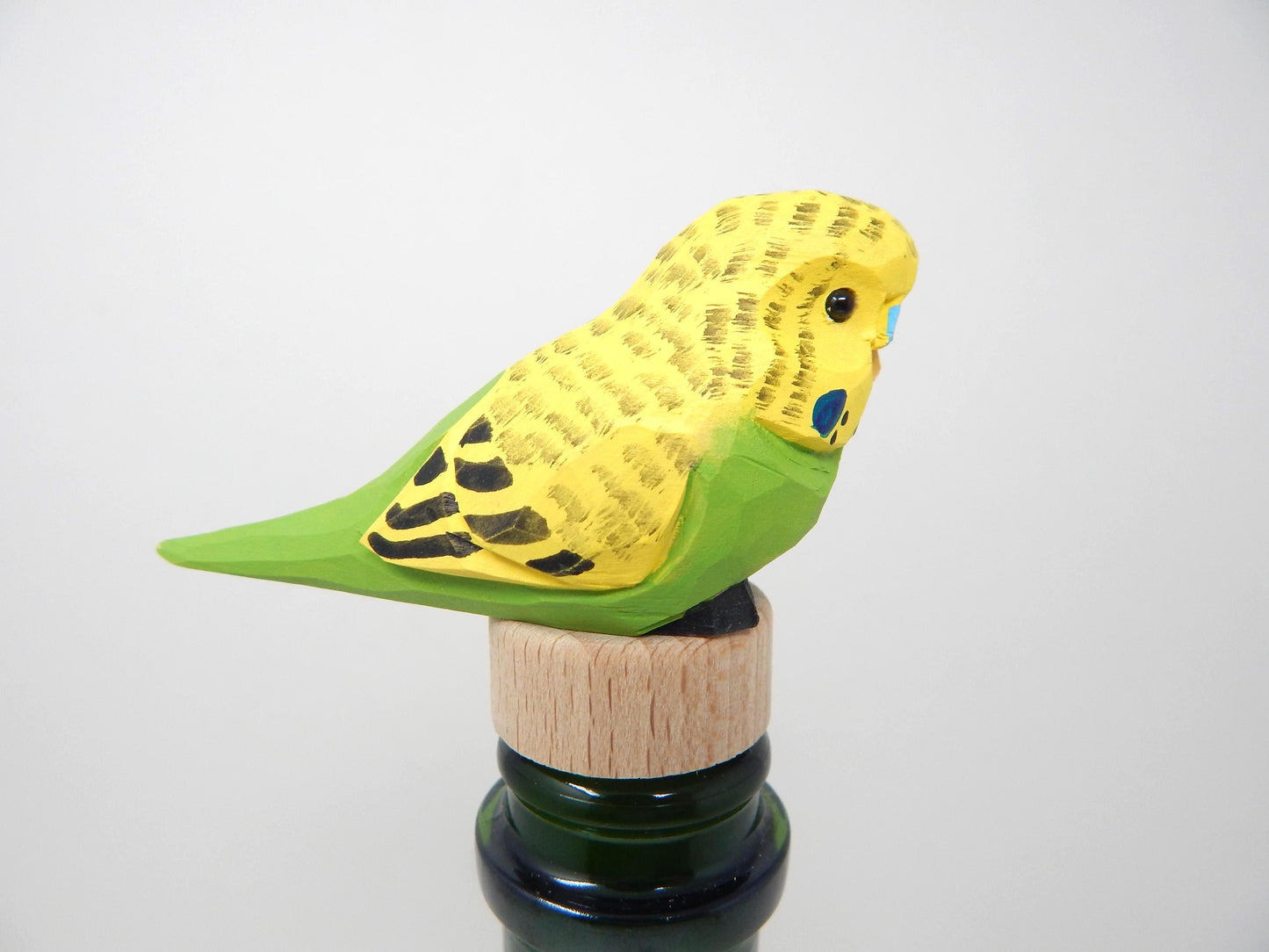 Yellow Wooden Parakeet Budgie Wine Stopper Handmade Art Carved Small Animal Garden Statue