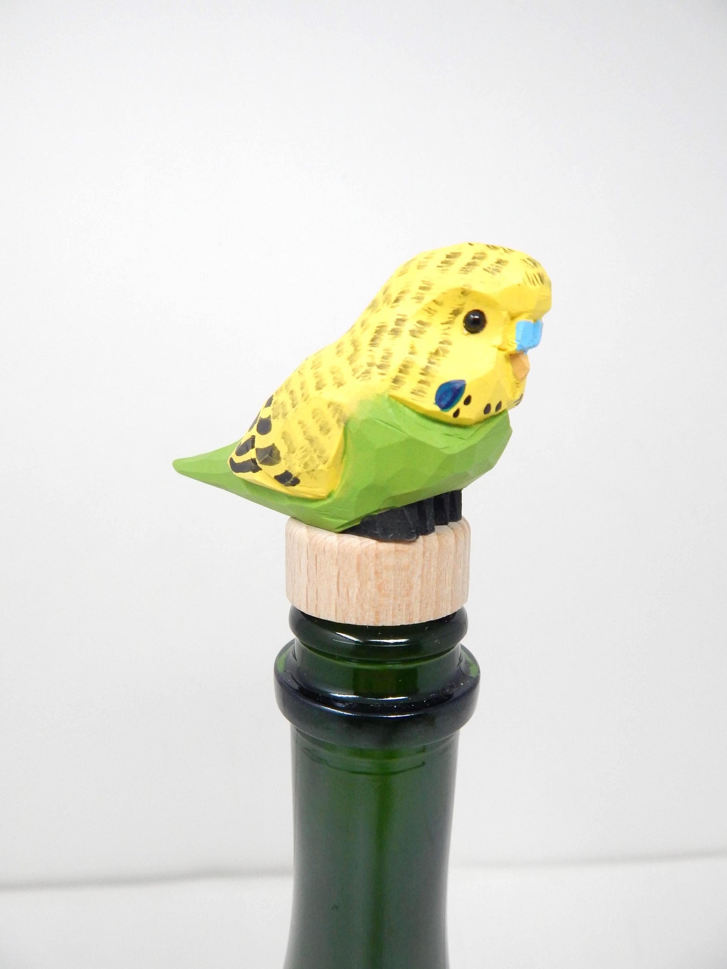 Yellow Wooden Parakeet Budgie Wine Stopper Handmade Art Carved Small Animal Garden Statue