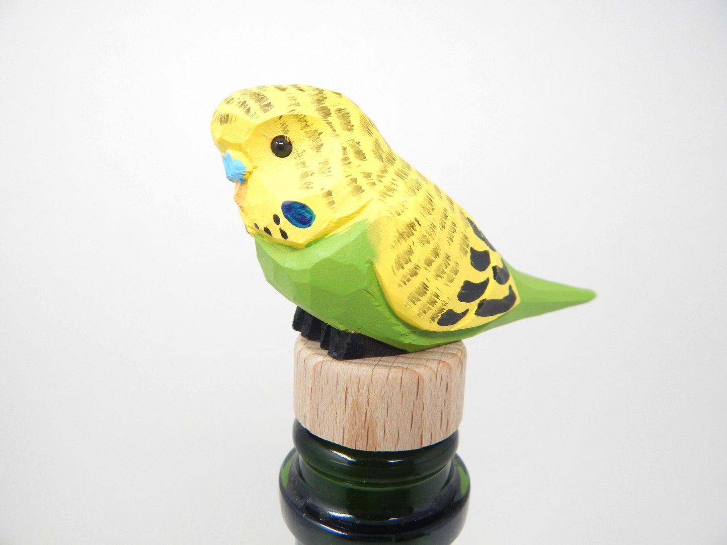 Yellow Wooden Parakeet Budgie Wine Stopper Handmade Art Carved Small Animal Garden Statue