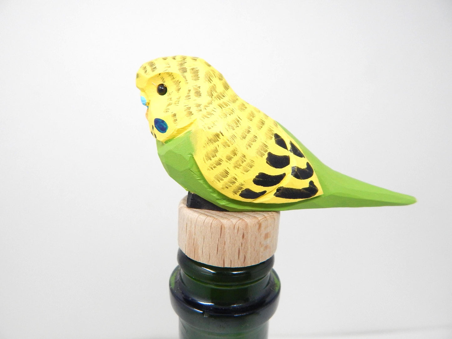Yellow Wooden Parakeet Budgie Wine Stopper Handmade Art Carved Small Animal Garden Statue