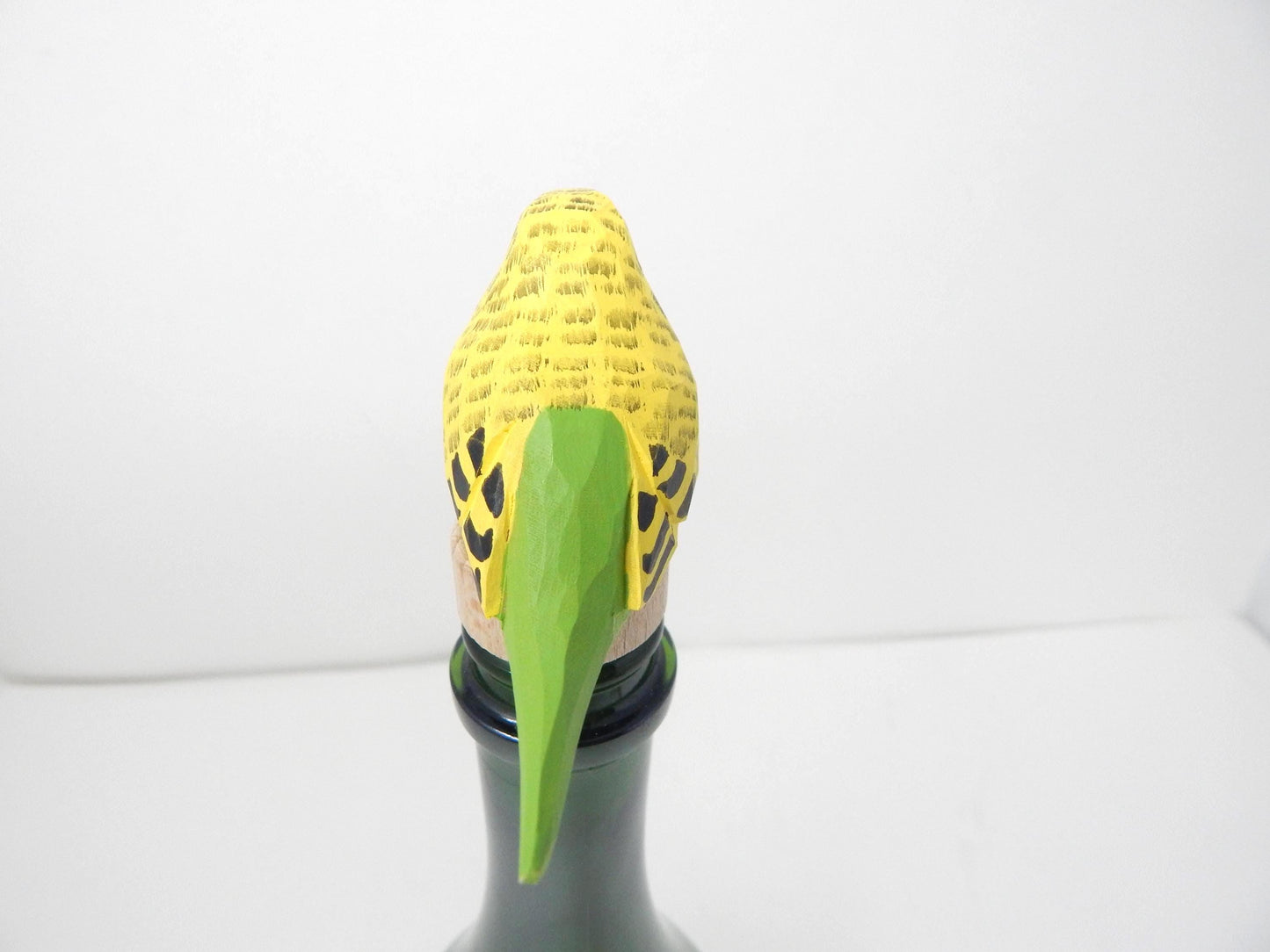 Yellow Wooden Parakeet Budgie Wine Stopper Handmade Art Carved Small Animal Garden Statue