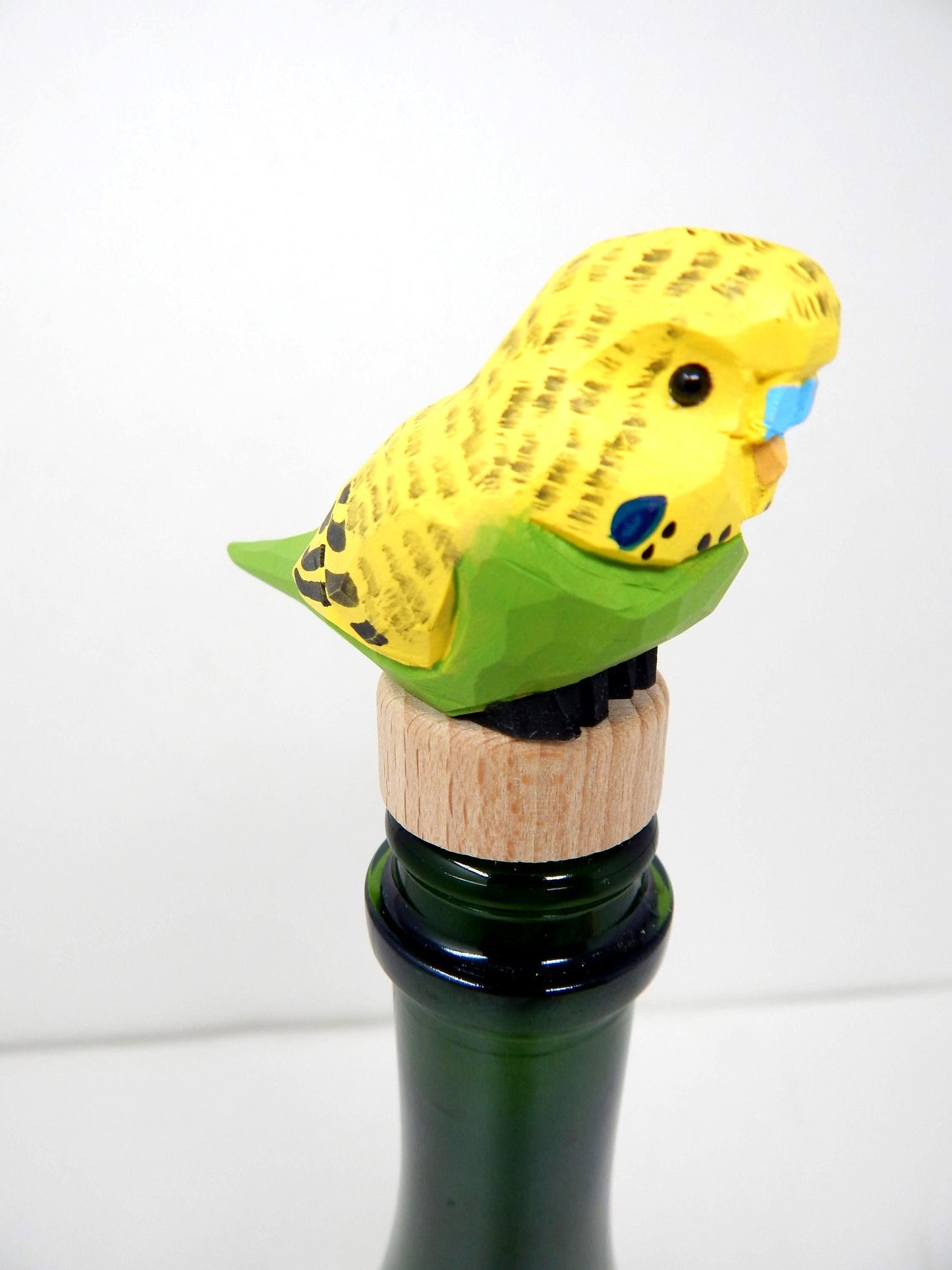 Yellow Wooden Parakeet Budgie Wine Stopper Handmade Art Carved Small Animal Garden Statue