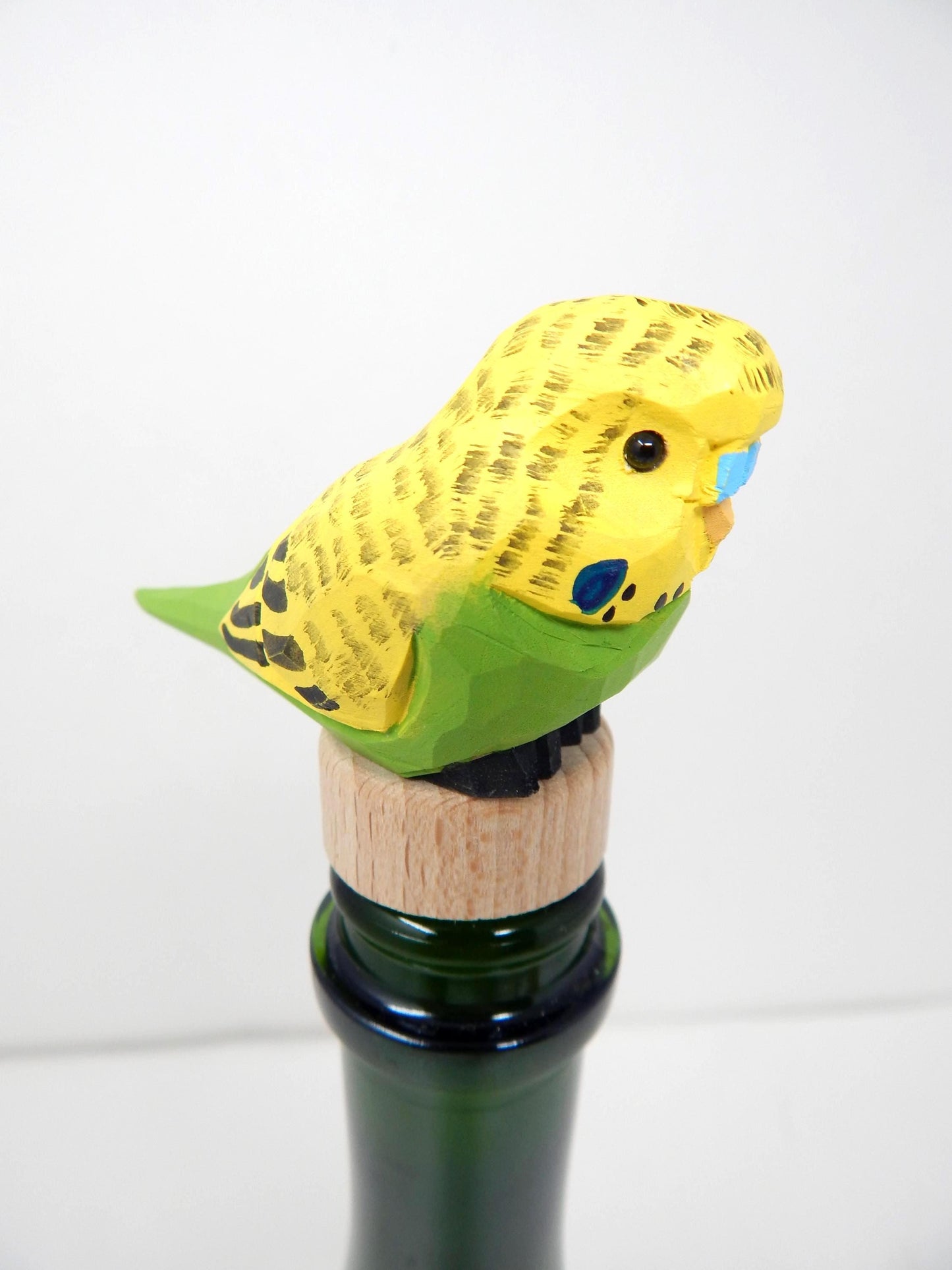 Yellow Wooden Parakeet Budgie Wine Stopper Handmade Art Carved Small Animal Garden Statue