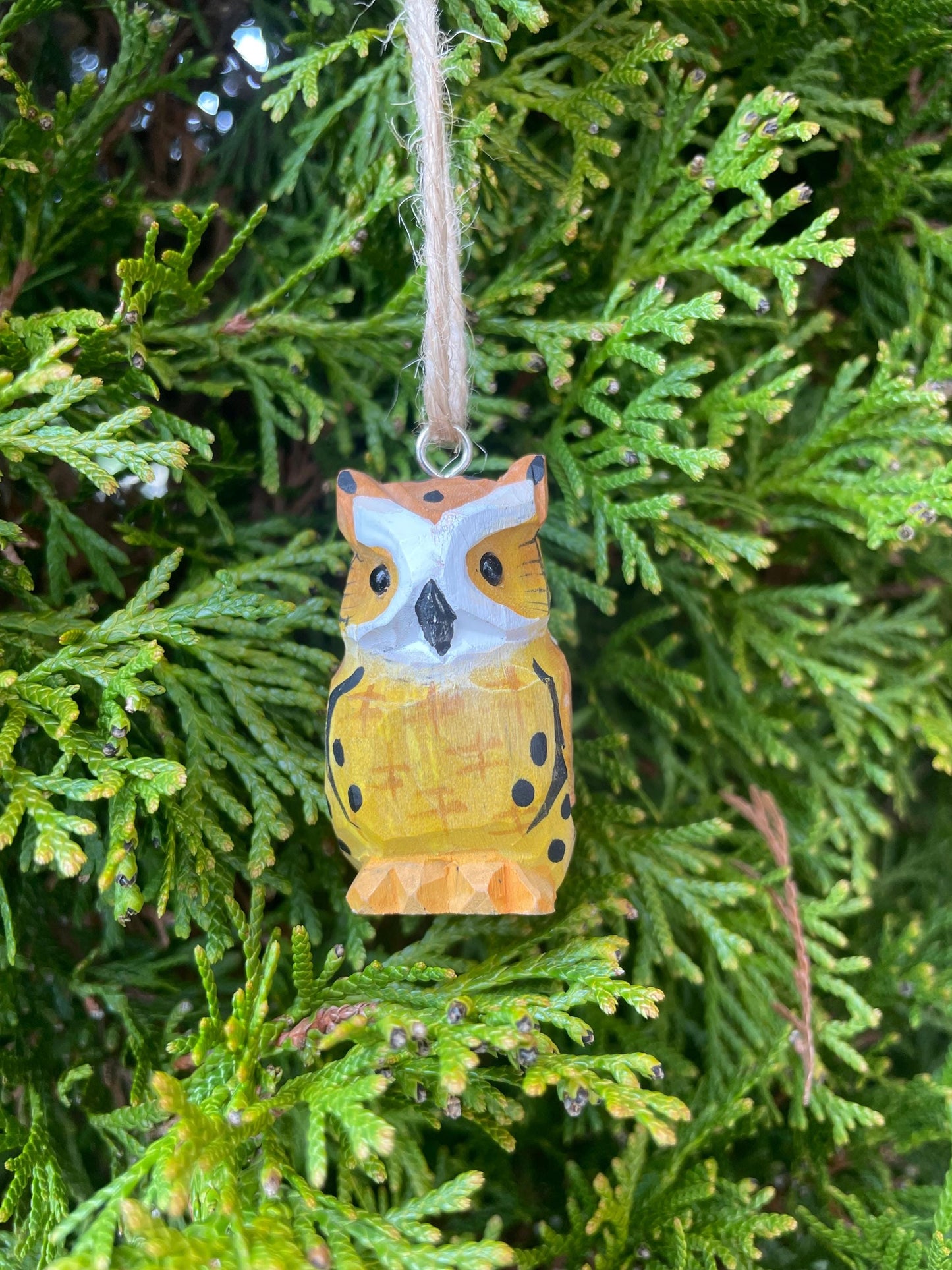 Horned Owl Ornament Hanging Hand-Carved Wooden Figurine: Miniature Rustic Bird Statue Folk Art