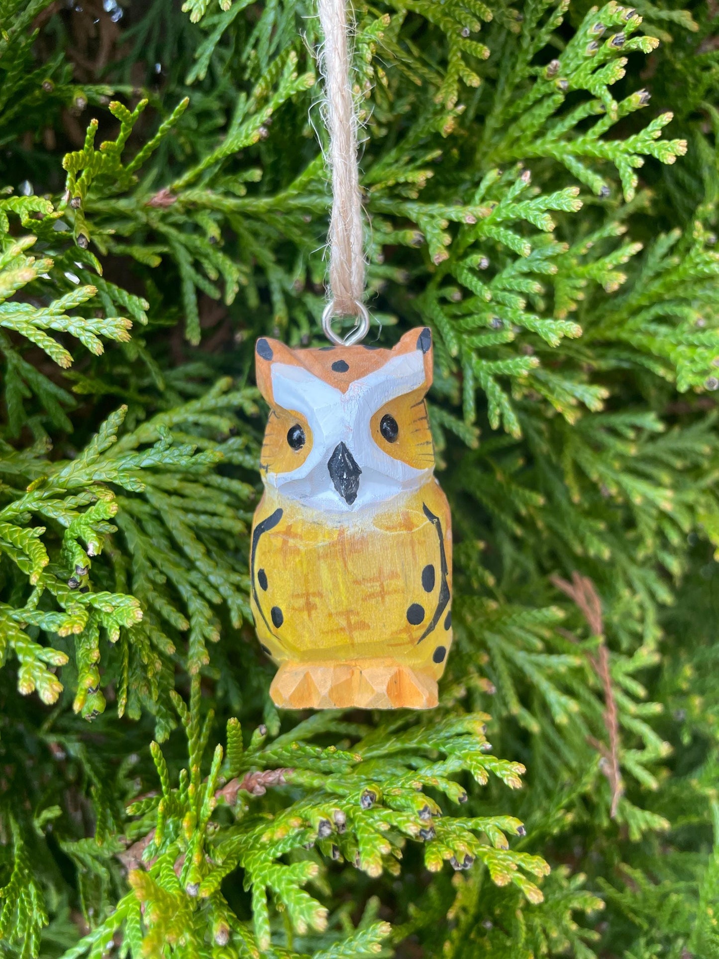 Horned Owl Ornament Hanging Hand-Carved Wooden Figurine: Miniature Rustic Bird Statue Folk Art