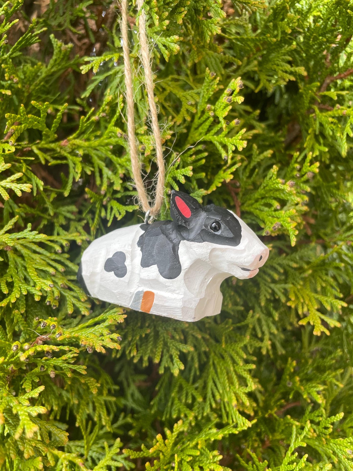 Spotted Cow Ornament Hanging Figurine | Hand Wooden Carved Farm Animal Collectible