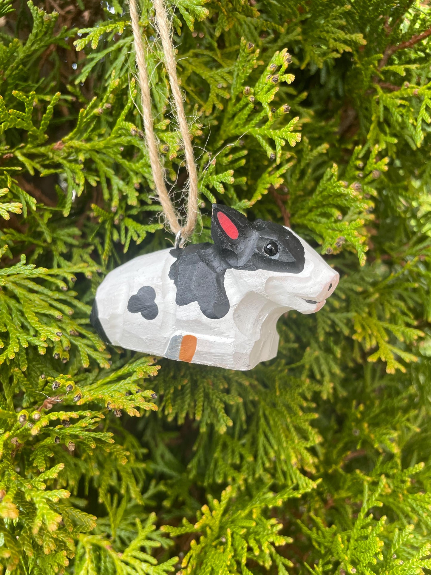Spotted Cow Ornament Hanging Figurine | Hand Wooden Carved Farm Animal Collectible