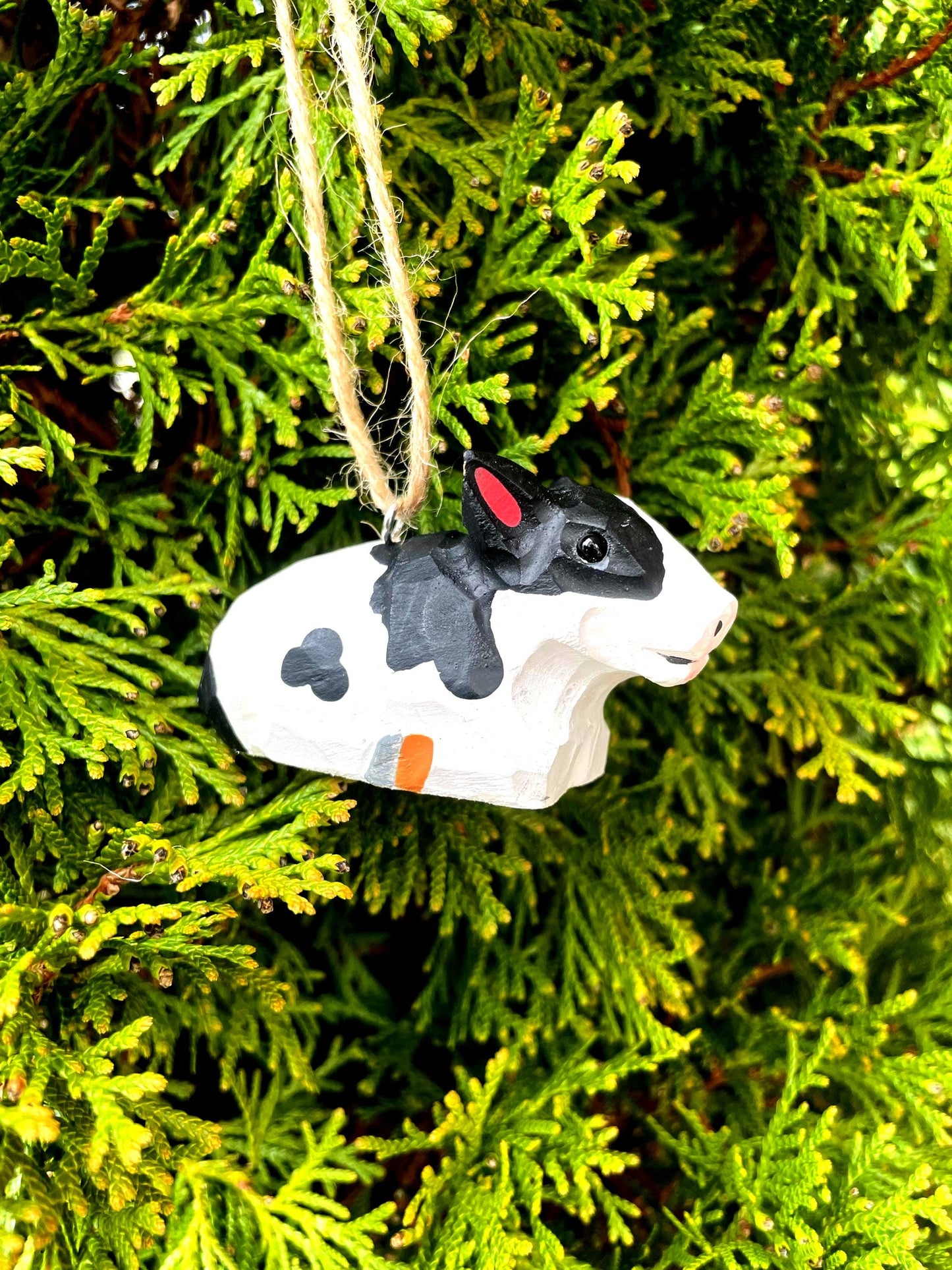Spotted Cow Ornament Hanging Figurine | Hand Wooden Carved Farm Animal Collectible