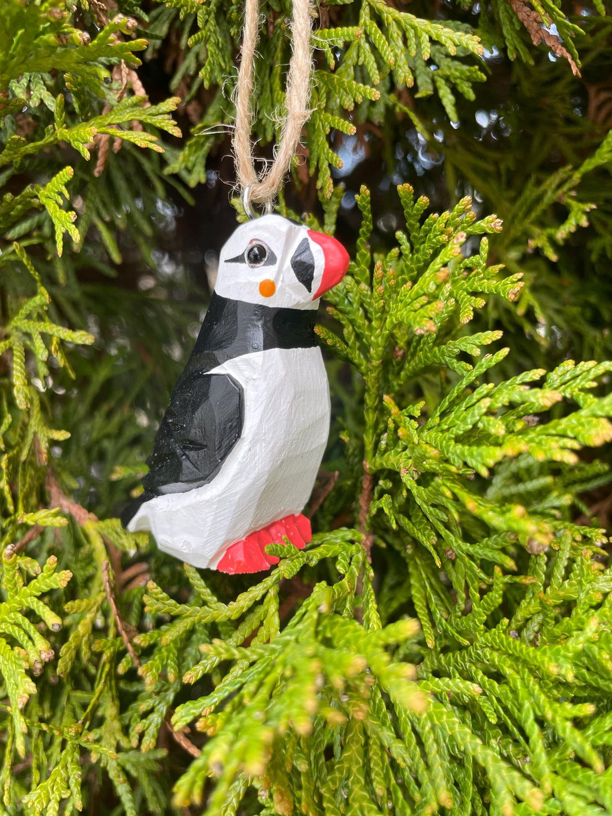 Hand-Painted Wooden Puffin Ornament – Recycled Arctic Bird Art Miniature Carving