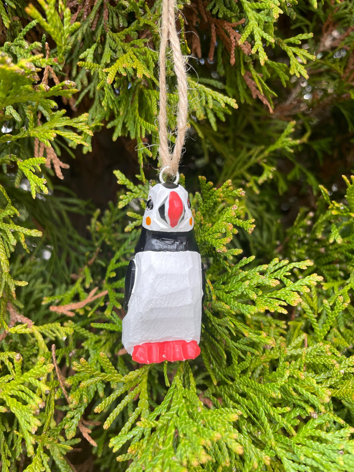 Hand-Painted Wooden Puffin Ornament – Recycled Arctic Bird Art Miniature Carving