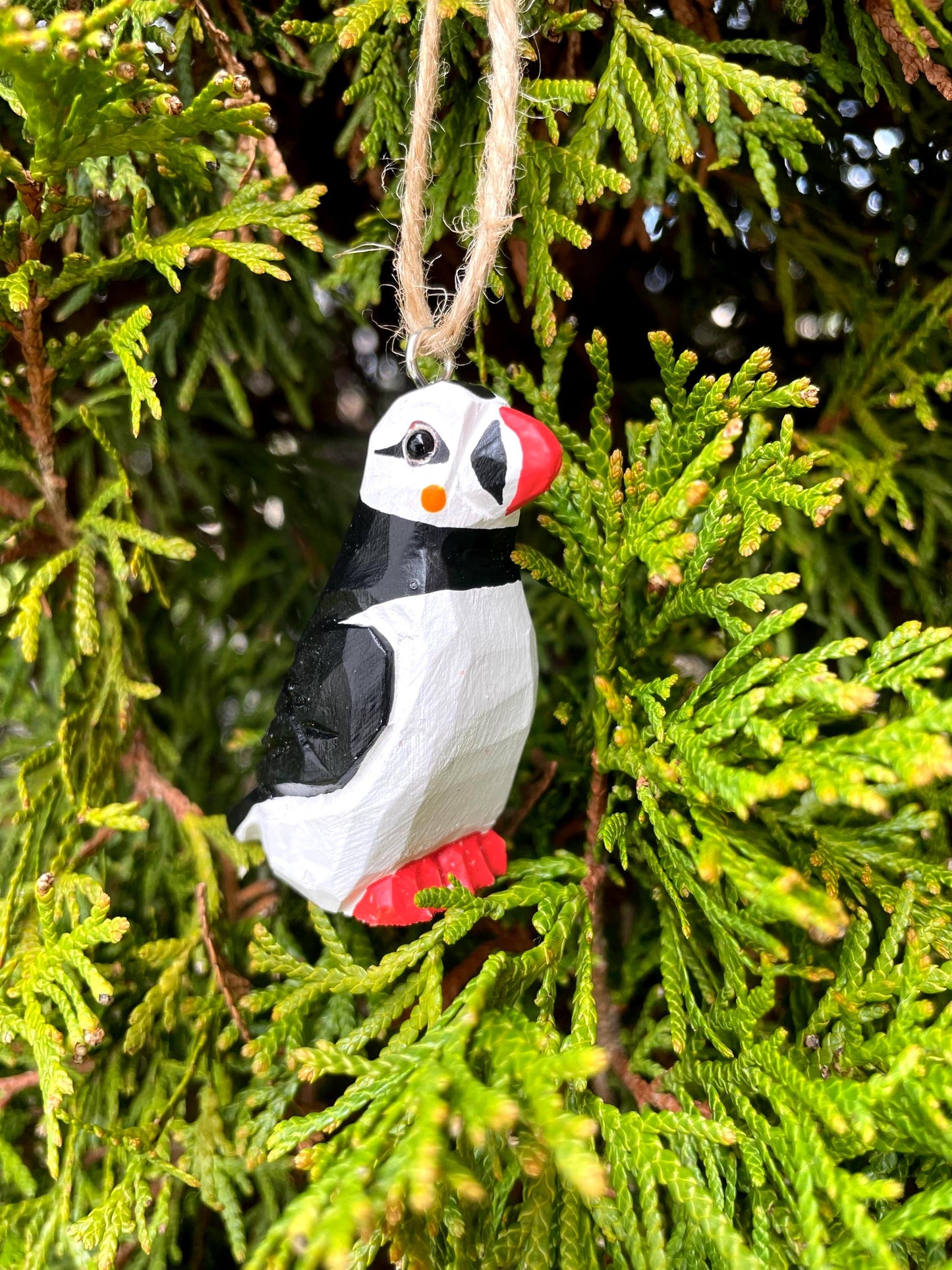 Hand-Painted Wooden Puffin Ornament – Recycled Arctic Bird Art Miniature Carving