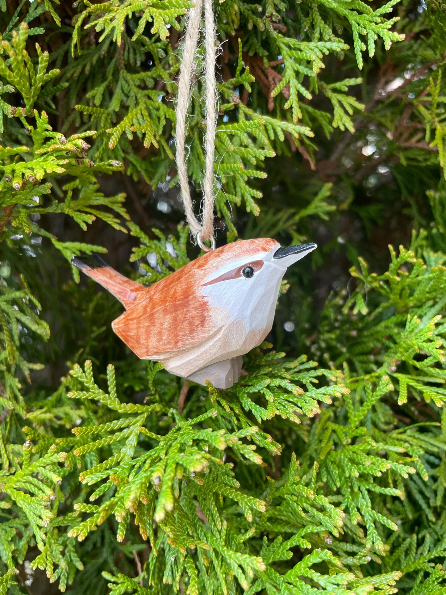 Carolina Wren Hand-Carved Wooden Ornament, Recycled Wood Bird Figurine, Miniature Art Craft