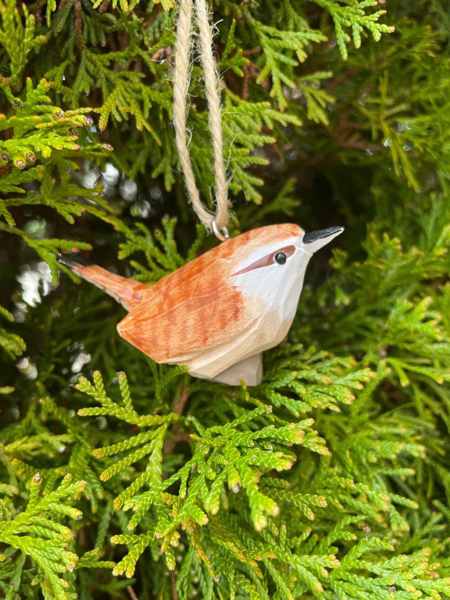 Carolina Wren Hand-Carved Wooden Ornament, Recycled Wood Bird Figurine, Miniature Art Craft