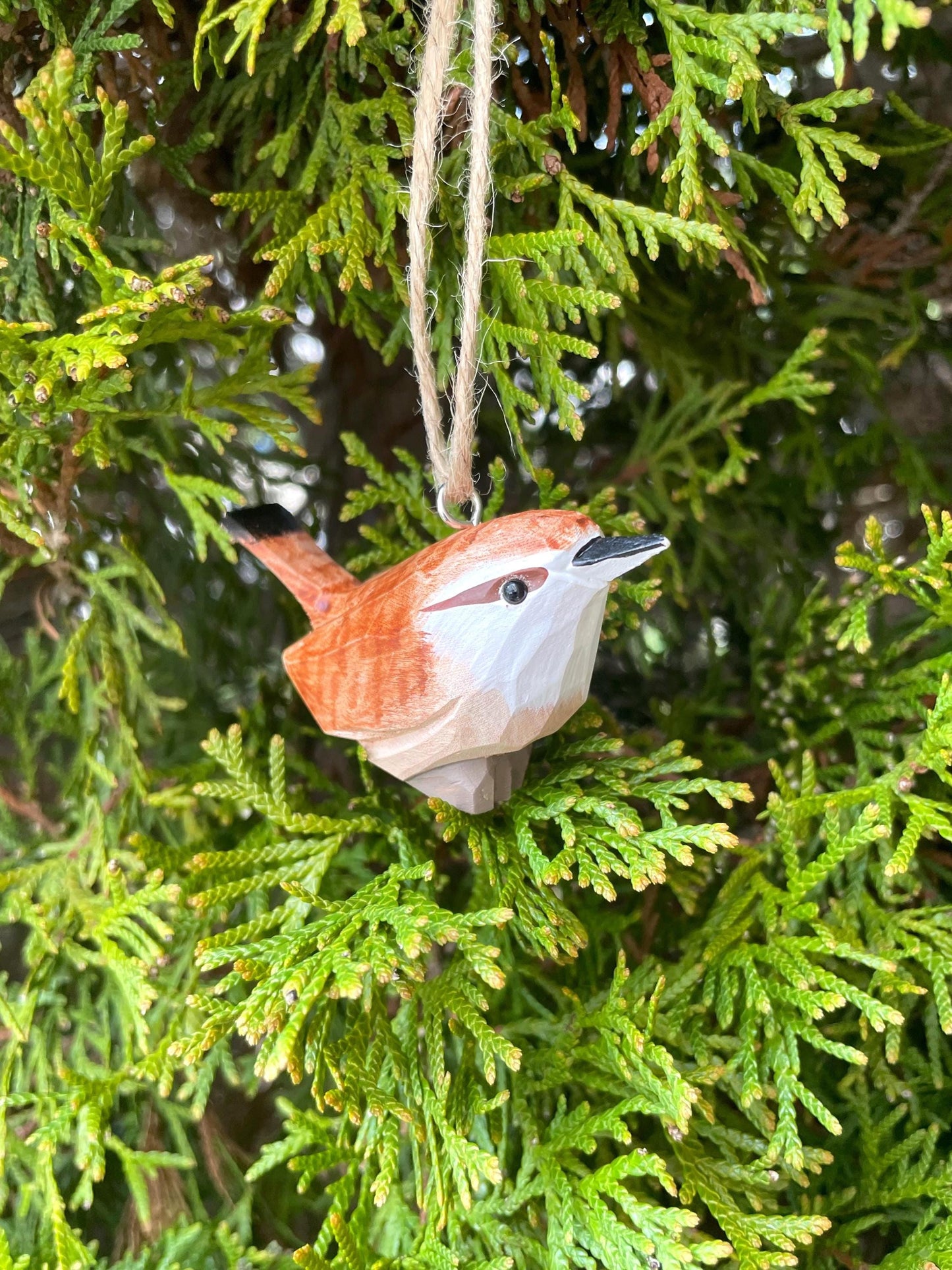 Carolina Wren Hand-Carved Wooden Ornament, Recycled Wood Bird Figurine, Miniature Art Craft