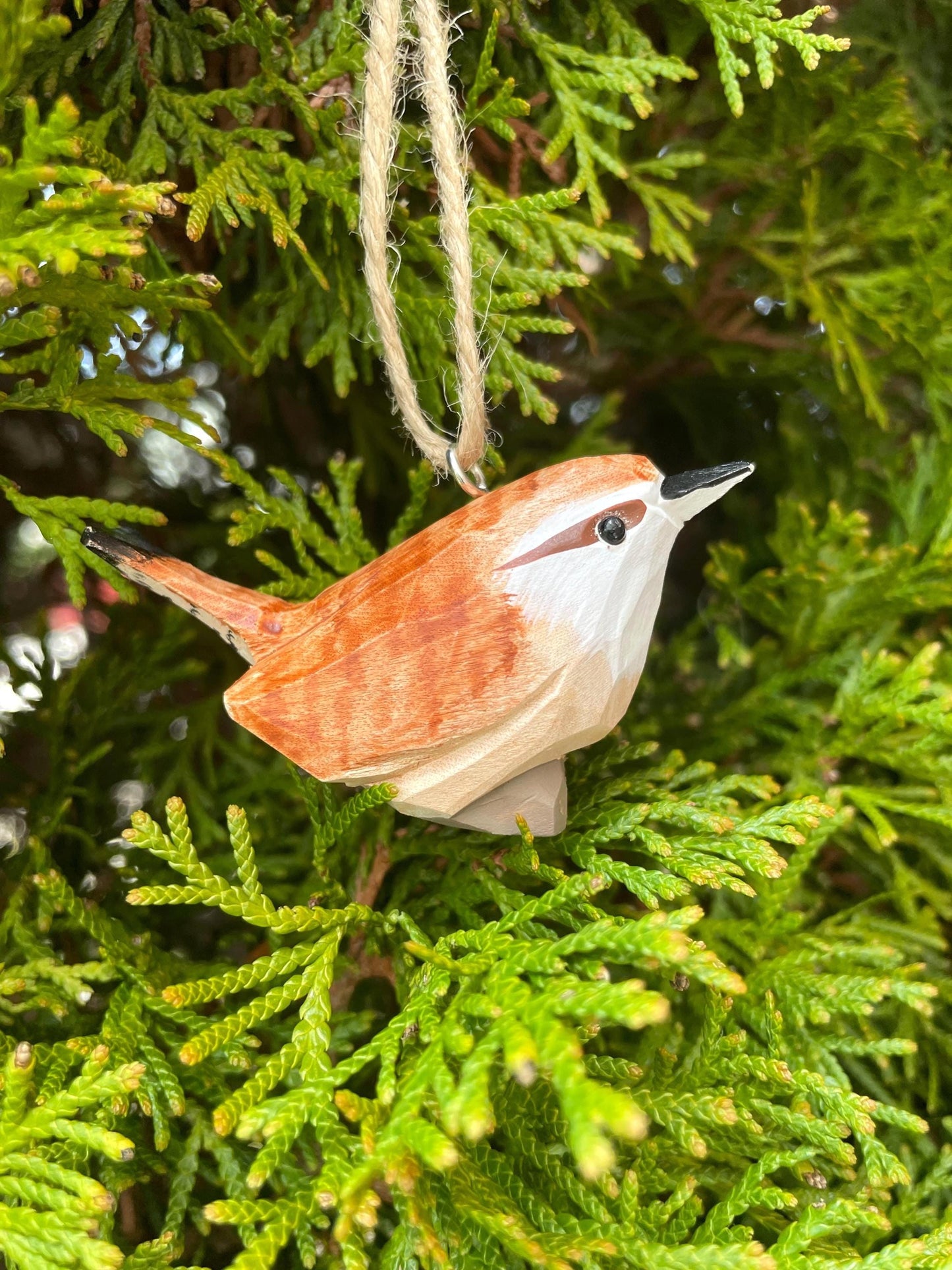 Carolina Wren Hand-Carved Wooden Ornament, Recycled Wood Bird Figurine, Miniature Art Craft