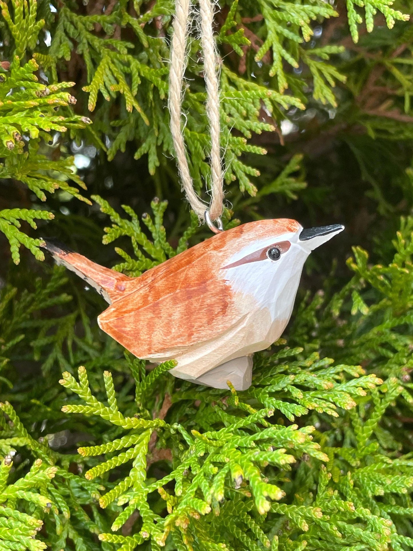 Carolina Wren Hand-Carved Wooden Ornament, Recycled Wood Bird Figurine, Miniature Art Craft