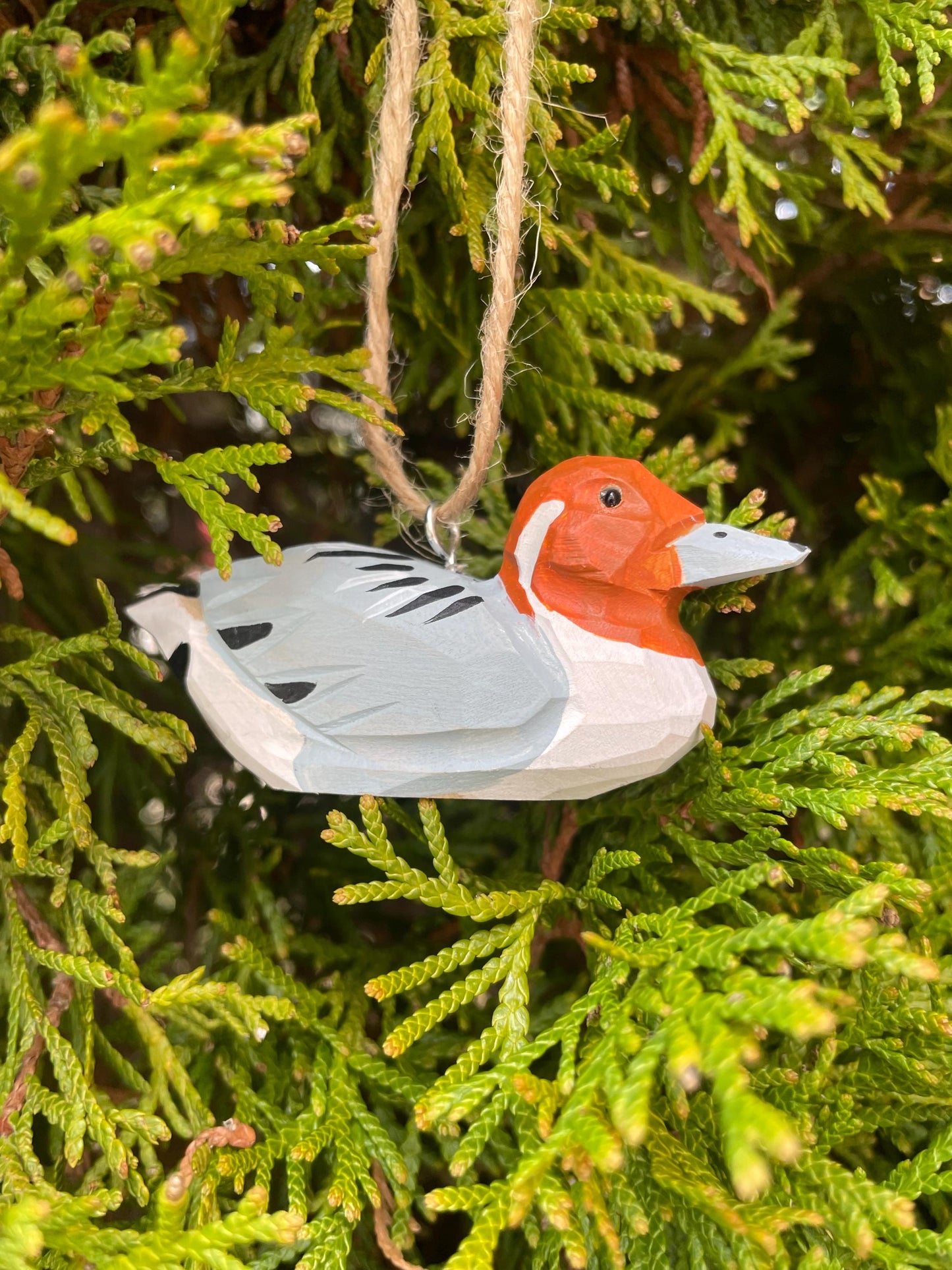Hand-Carved Recycled Wood Pintail Duck Ornament, Hand-Painted Bird Figurine, Glass Eyes