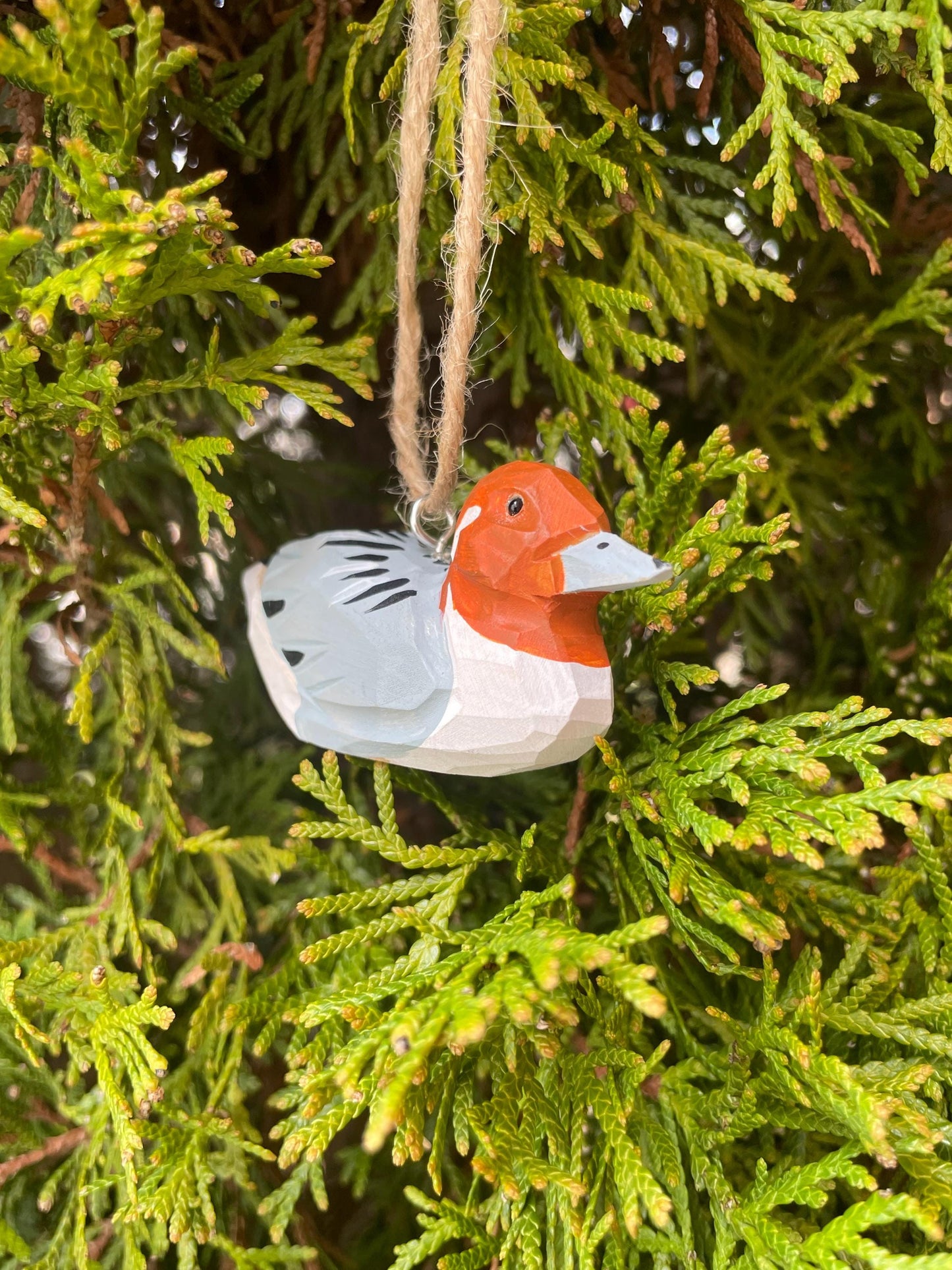 Hand-Carved Recycled Wood Pintail Duck Ornament, Hand-Painted Bird Figurine, Glass Eyes