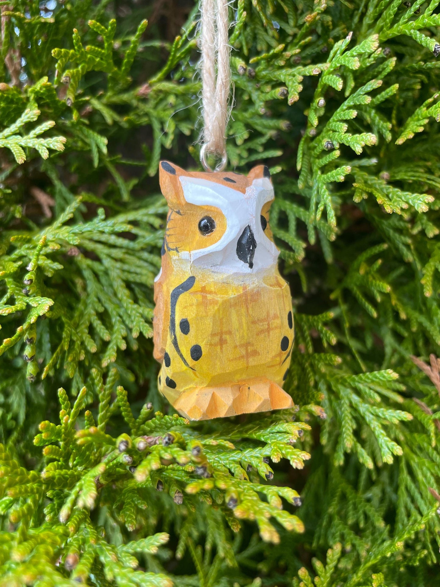 Horned Owl Ornament Hanging Hand-Carved Wooden Figurine: Miniature Rustic Bird Statue Folk Art
