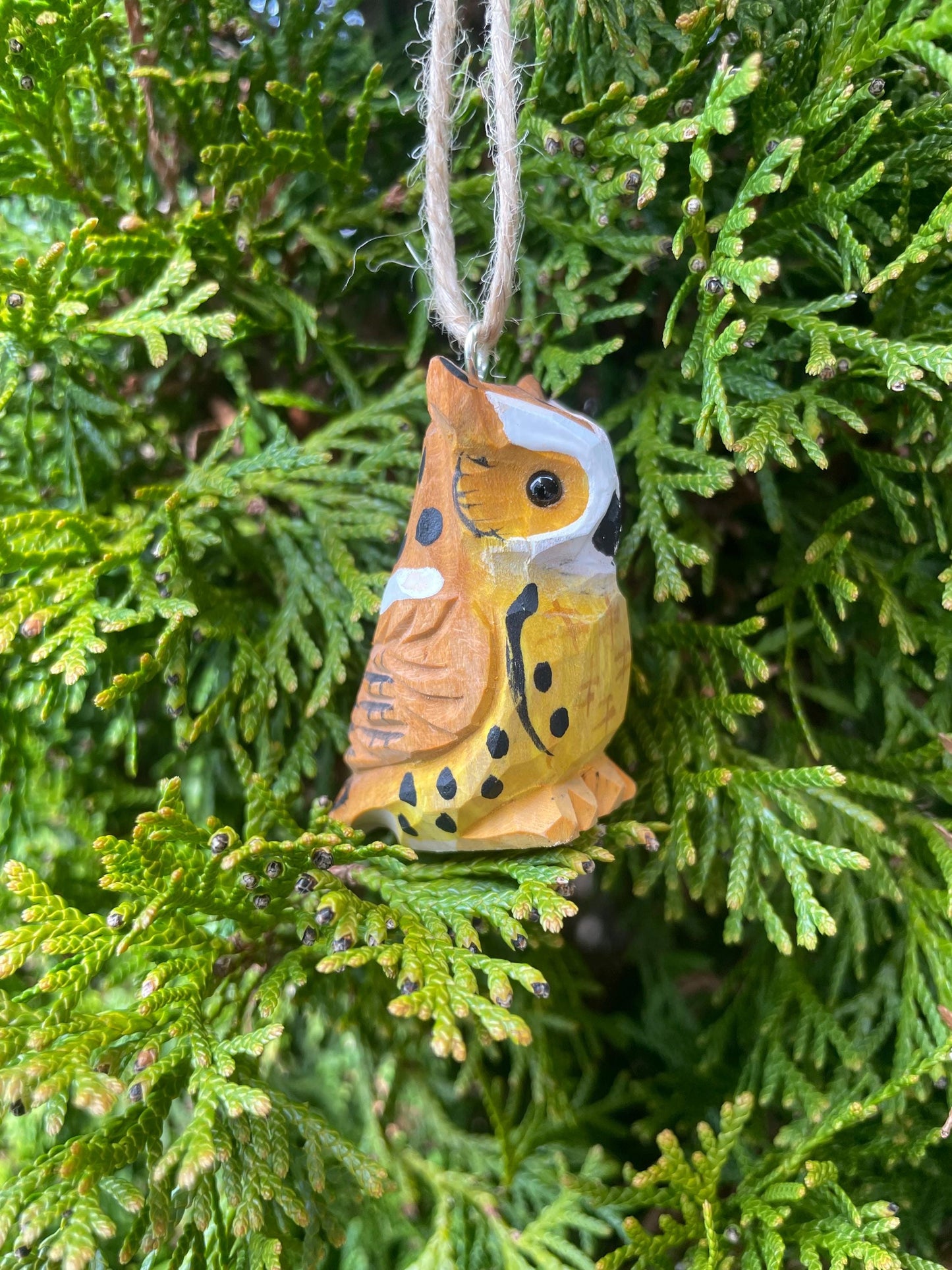 Horned Owl Ornament Hanging Hand-Carved Wooden Figurine: Miniature Rustic Bird Statue Folk Art