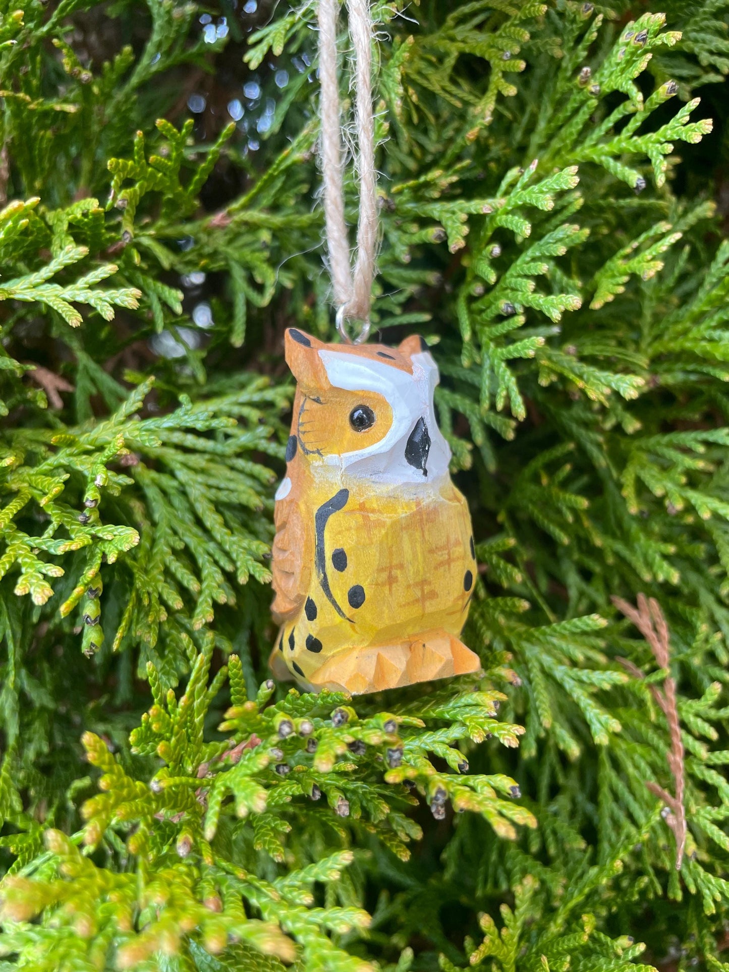 Horned Owl Ornament Hanging Hand-Carved Wooden Figurine: Miniature Rustic Bird Statue Folk Art