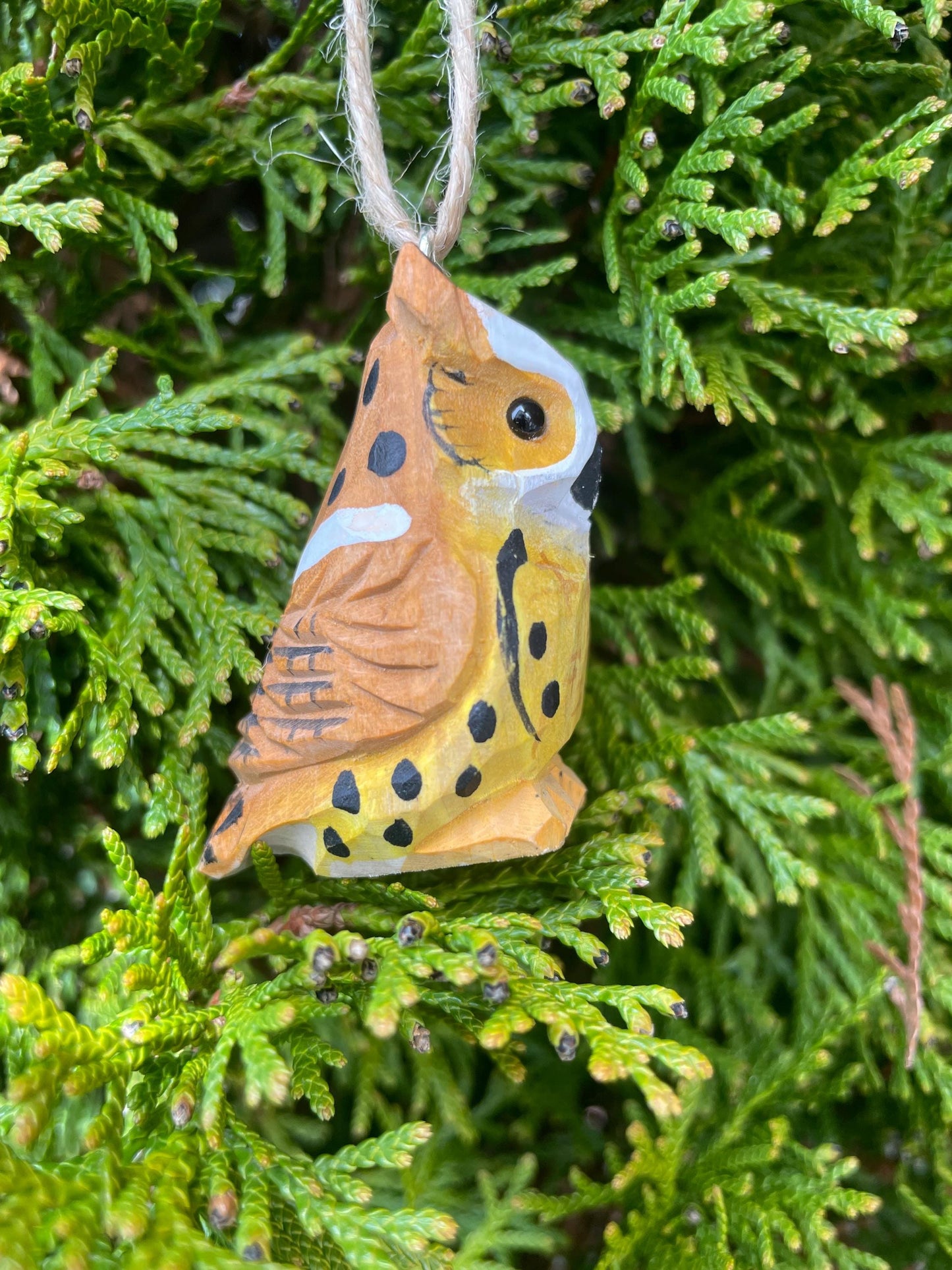 Horned Owl Ornament Hanging Hand-Carved Wooden Figurine: Miniature Rustic Bird Statue Folk Art