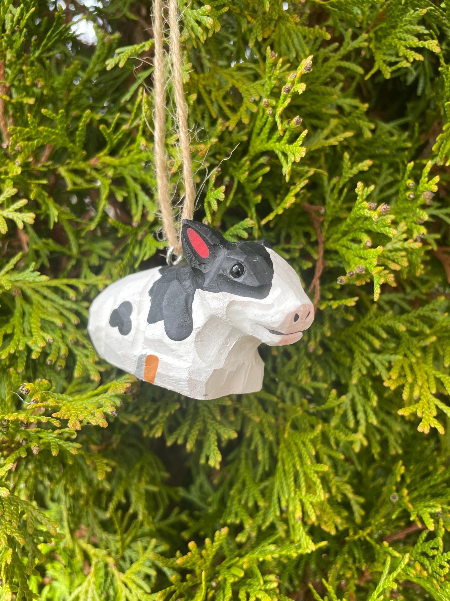 Spotted Cow Ornament Hanging Figurine | Hand Wooden Carved Farm Animal Collectible