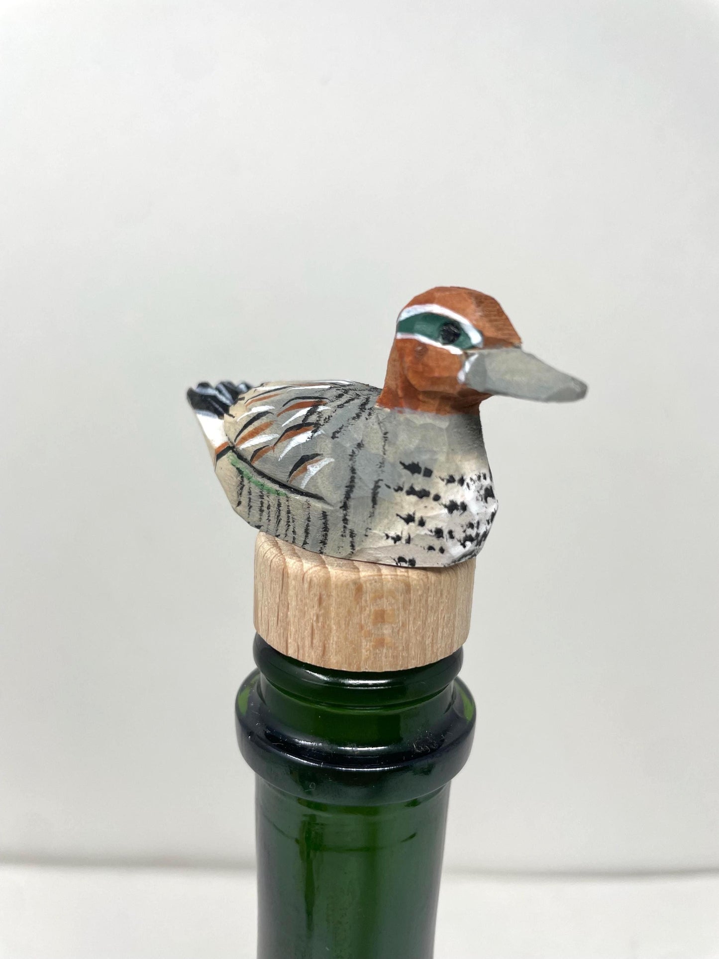 Eurasian Teal Hand-Carved Wooden Wine Stopper – Rustic Bottle Plug