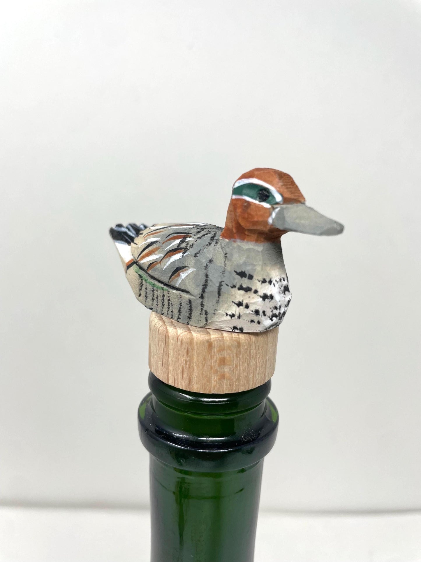 Eurasian Teal Hand-Carved Wooden Wine Stopper – Rustic Bottle Plug