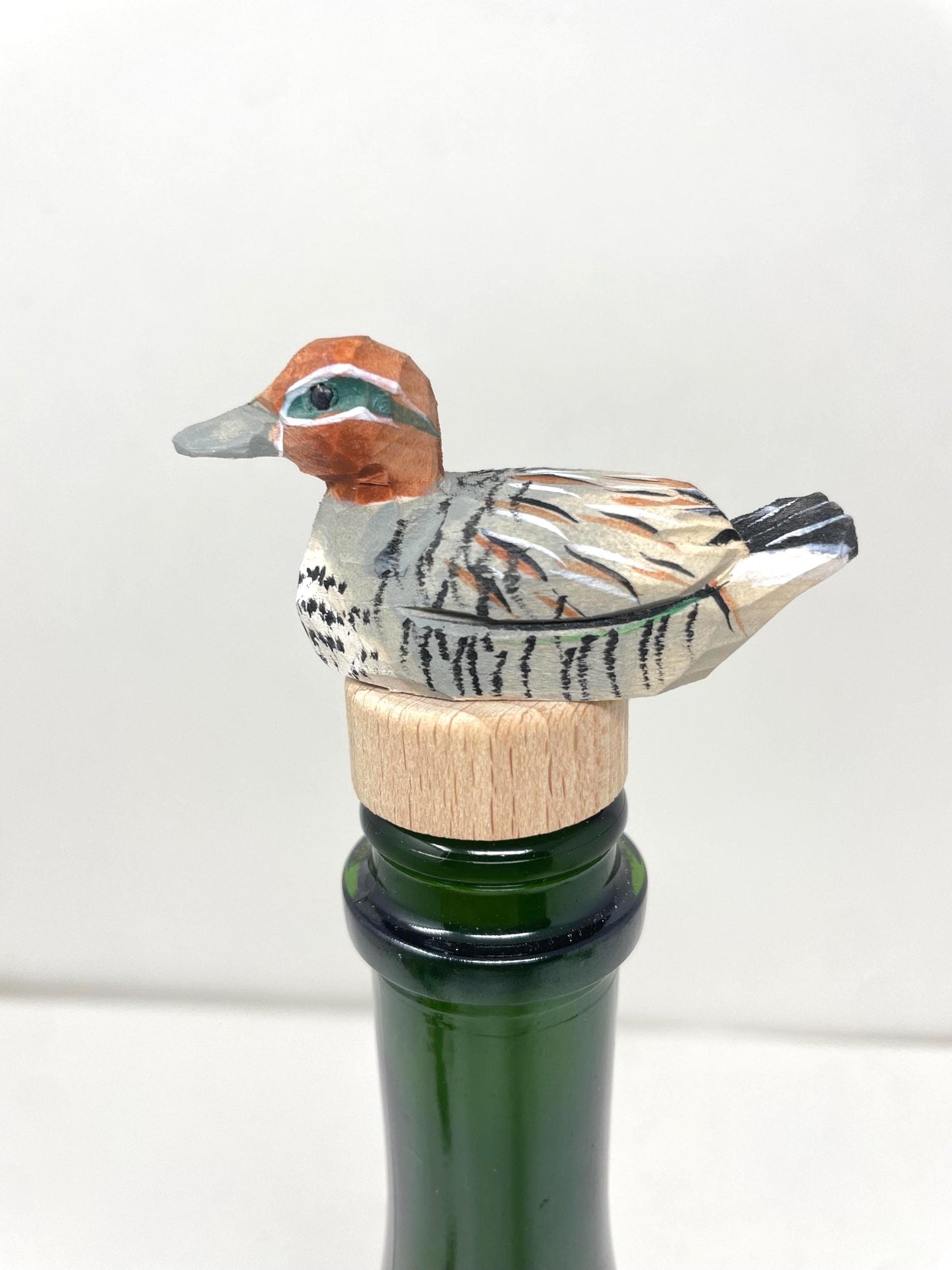 Eurasian Teal Hand-Carved Wooden Wine Stopper – Rustic Bottle Plug