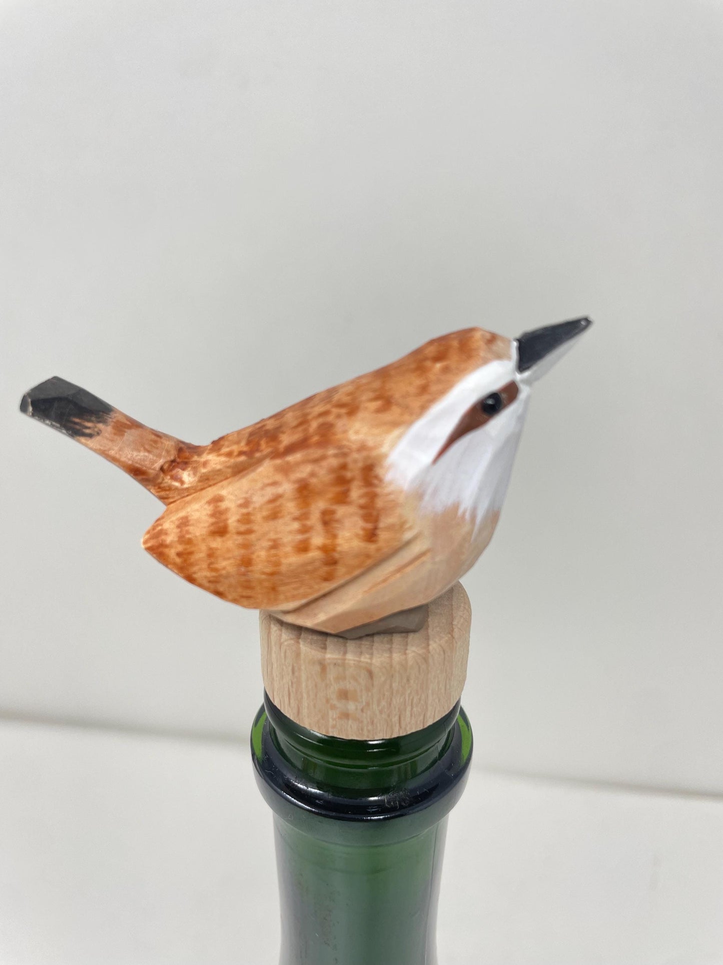 Carolina Wren Wine Stopper Wood Figurine Statue Common Bird Miniature Handmade Art Craft