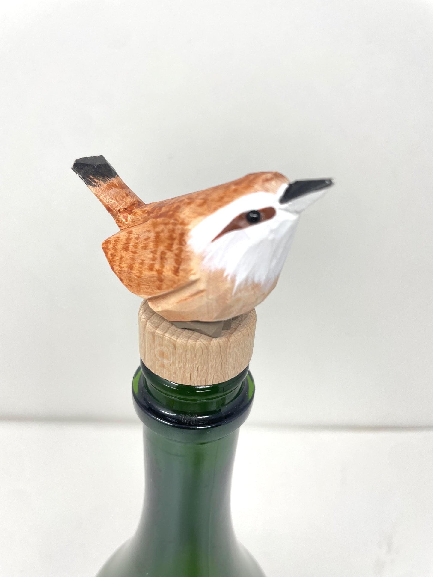 Carolina Wren Wine Stopper Wood Figurine Statue Common Bird Miniature Handmade Art Craft