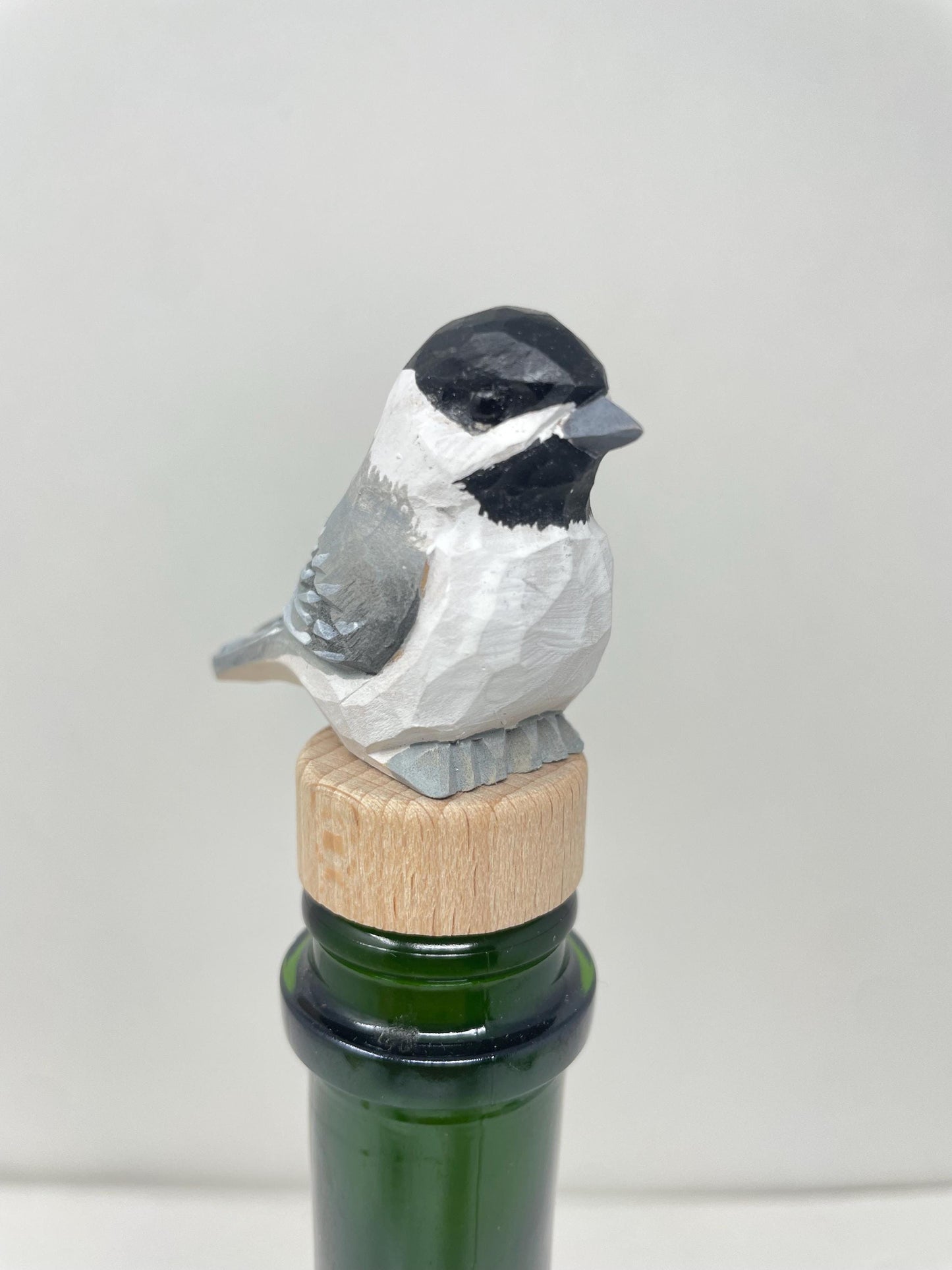 Chickadee Wine Stopper Wooden Figurine | Hand Carved Black-Capped Bird Figurine